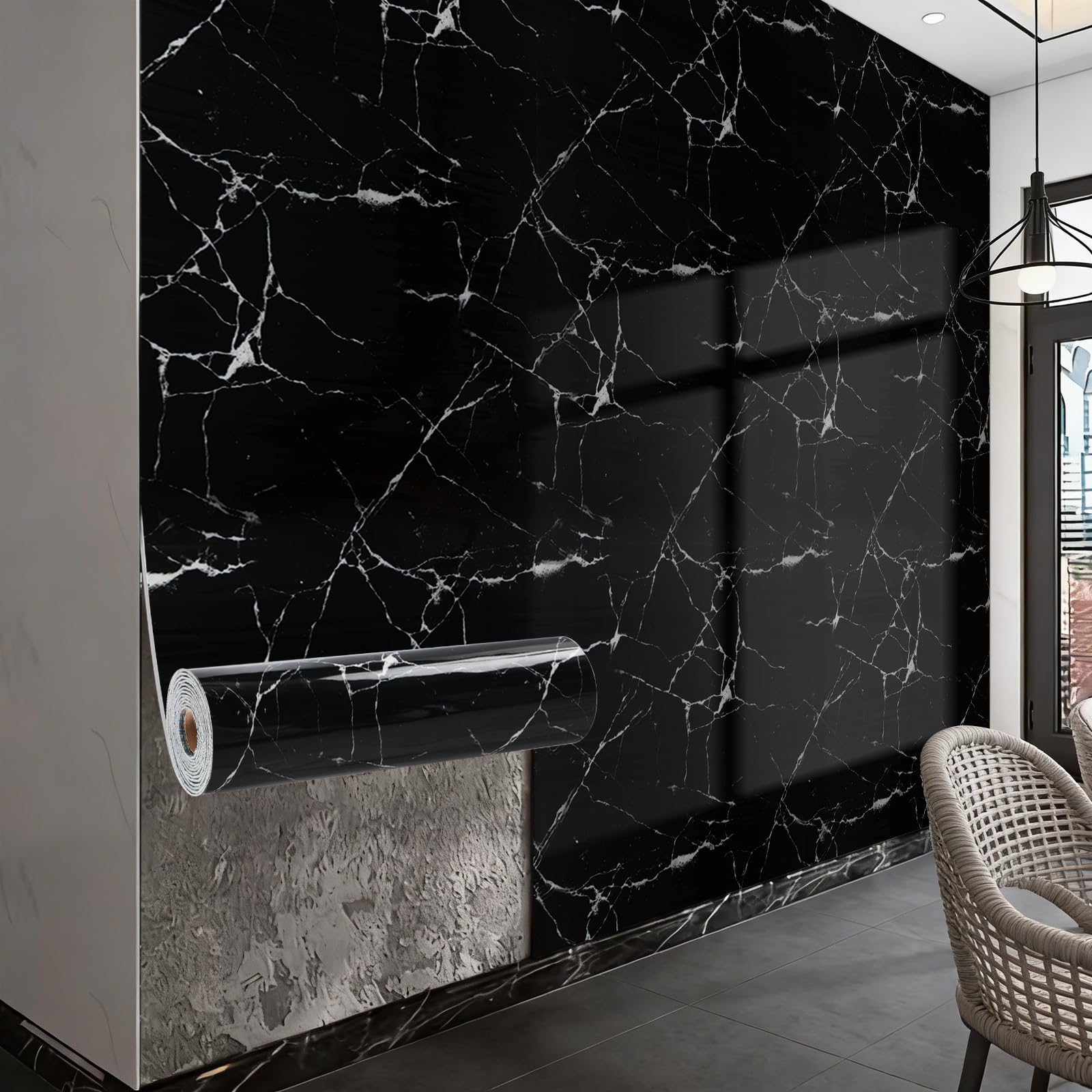 Takezuaa 5 Roll Marble Self Adhesive Wallpaper 40cmx300cm Black Marble Contact Paper, Peel and Stick Wallpaper Waterproof PVC Sticker for Bathroom, Kitchen, Livingroom, Bedroom — image 1