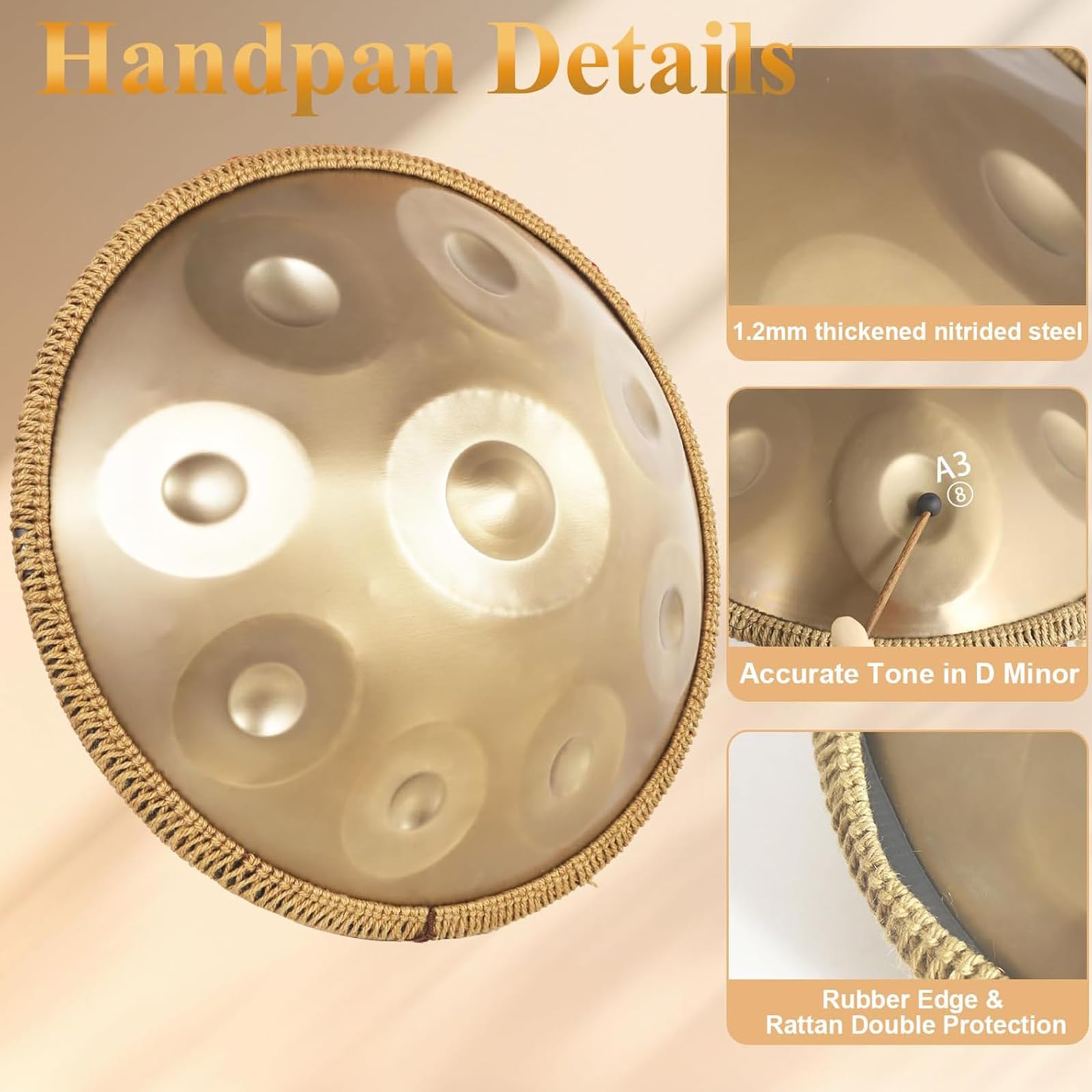Handpan in re minore, Tamburo a Mano da 22 Pollici, 9 Note, 440 Hz, Tamburo a Lingua in Acciaio Dorato, per Meditazione Yoga con Bacchette da Borsa, Supporto per Batteria, Stracci, Adesivi