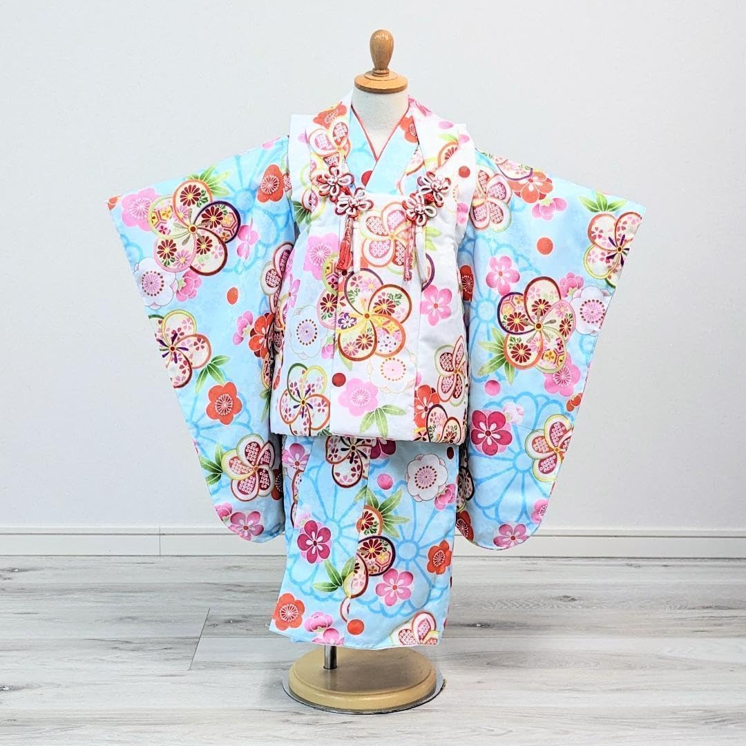 七五三 3歳女の子 着物・被布セット 爽やか水色着物 白い桜 雪輪 鹿子