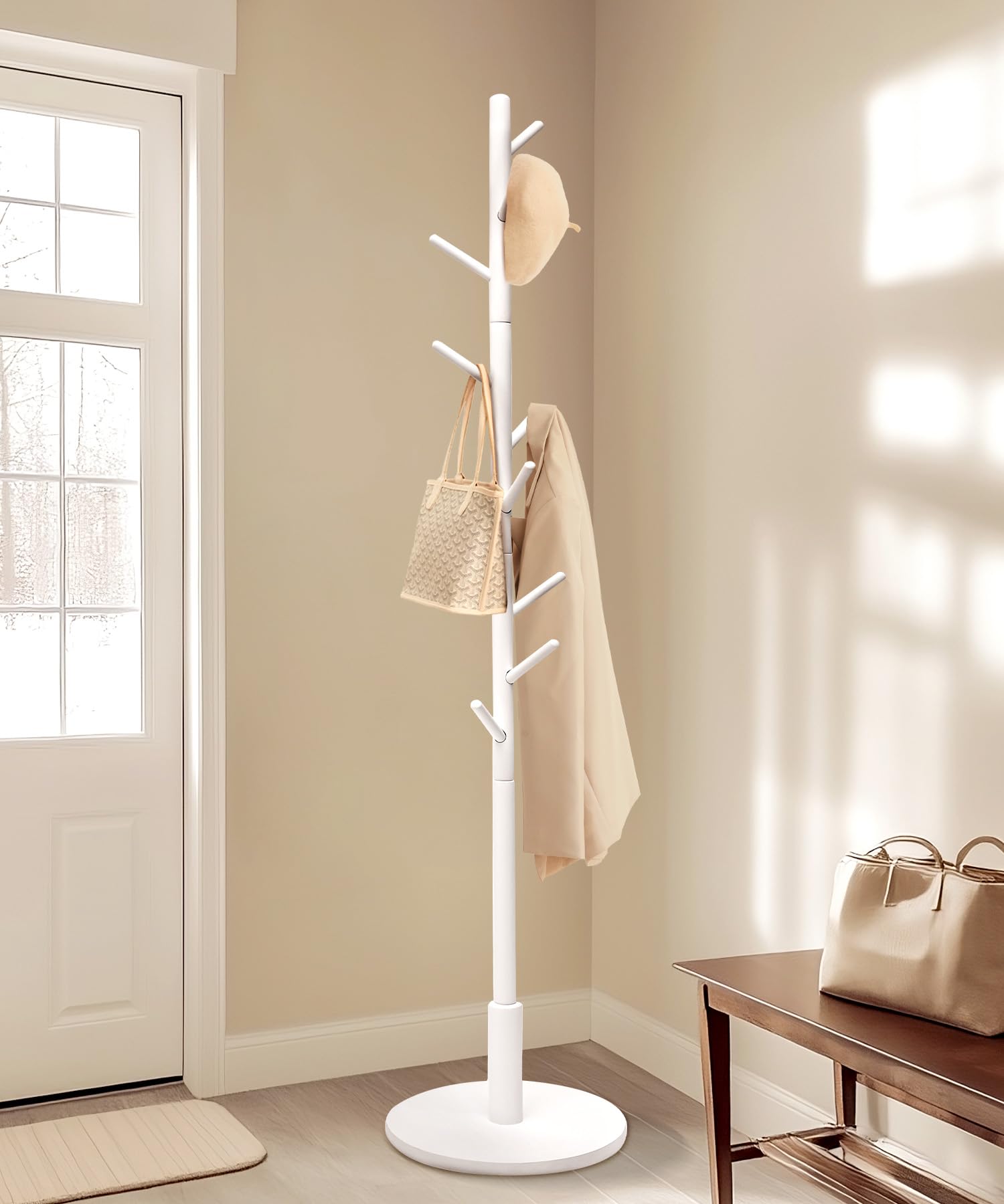 Yorbay Appendiabiti Faggio Massello Albero: 9 Ganci, 38 x 179 cm (Bianco) | Appendiabiti a Forma di Albero per Giacche Cappelli Borse - per Camera da Letto Ufficio Ingresso