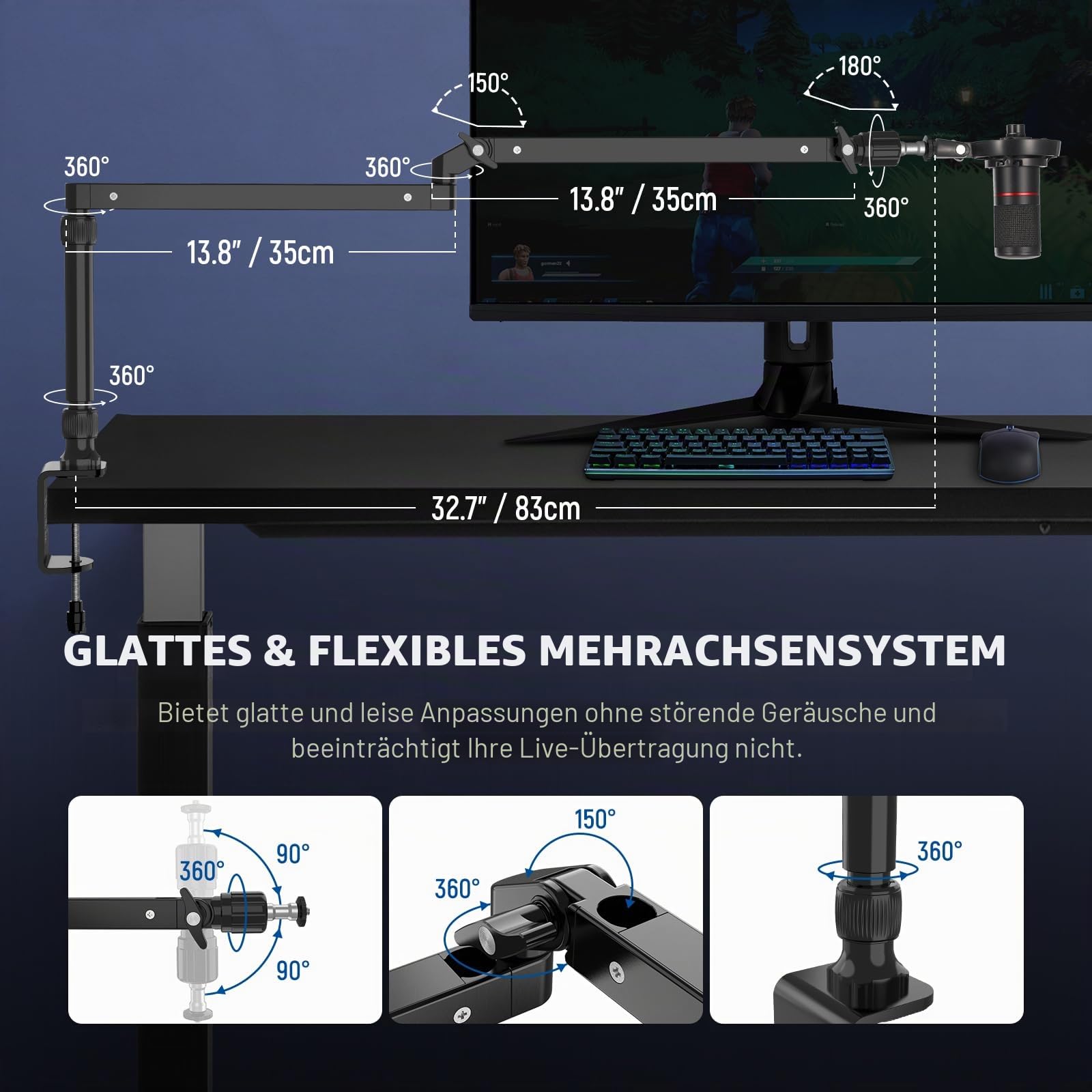 NEEWER Mikrofonarm Ständer, Niedriges Profil Mic Arm Tischhalterung mit Dämpfung, 360° drehbarer Boom Arm mit erhöhter Stange und Kabelmanagement Kanälen, für Podcast Gaming Streaming Anrufe, MST002