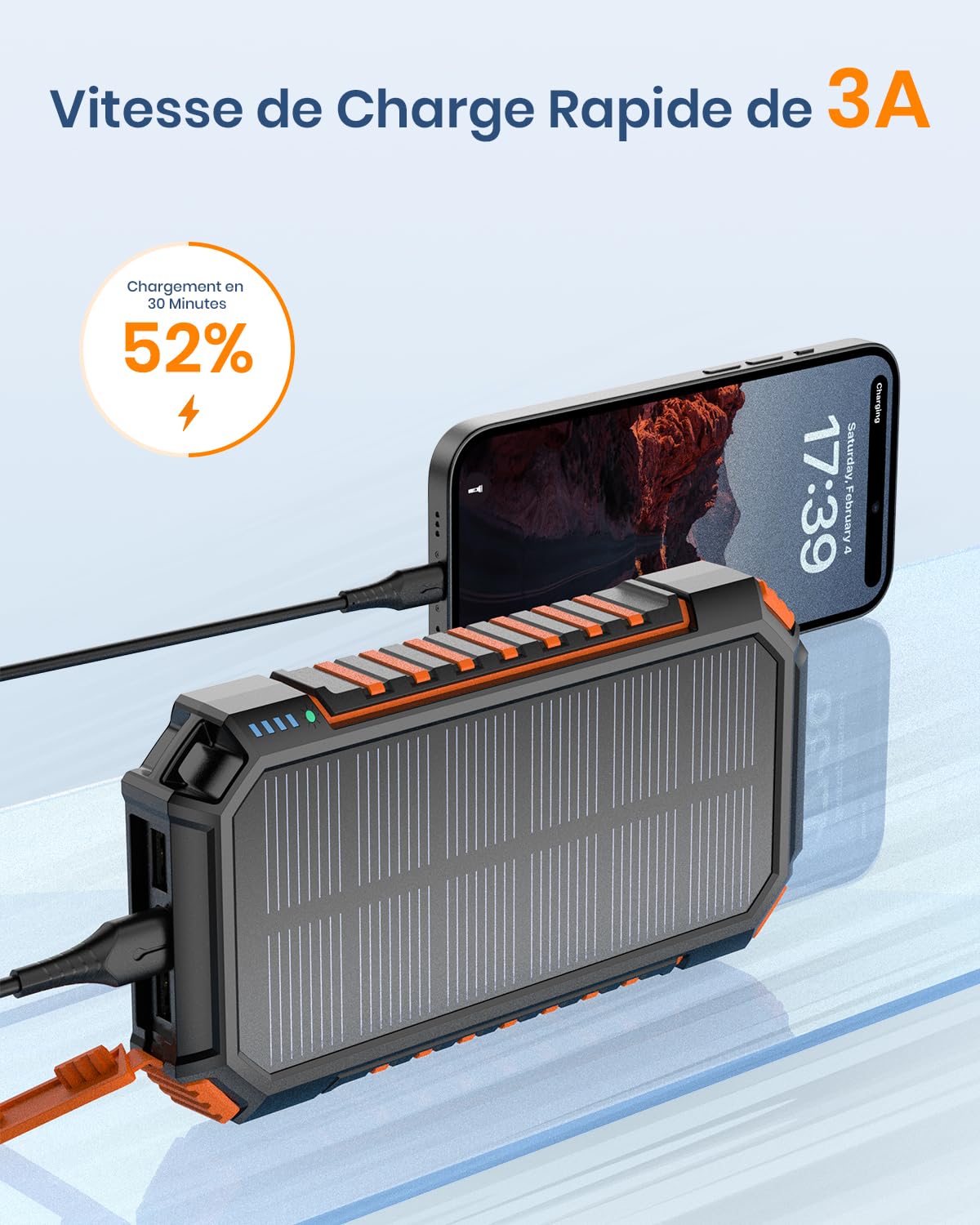 Hiluckey Batterie Externe Solaire 20000mAh, Chargeur Solaire Power Bank avec 3 Câbles USB C Charge Rapide, Chargeur Portable avec 3 Ports pour Téléphone, Tablette