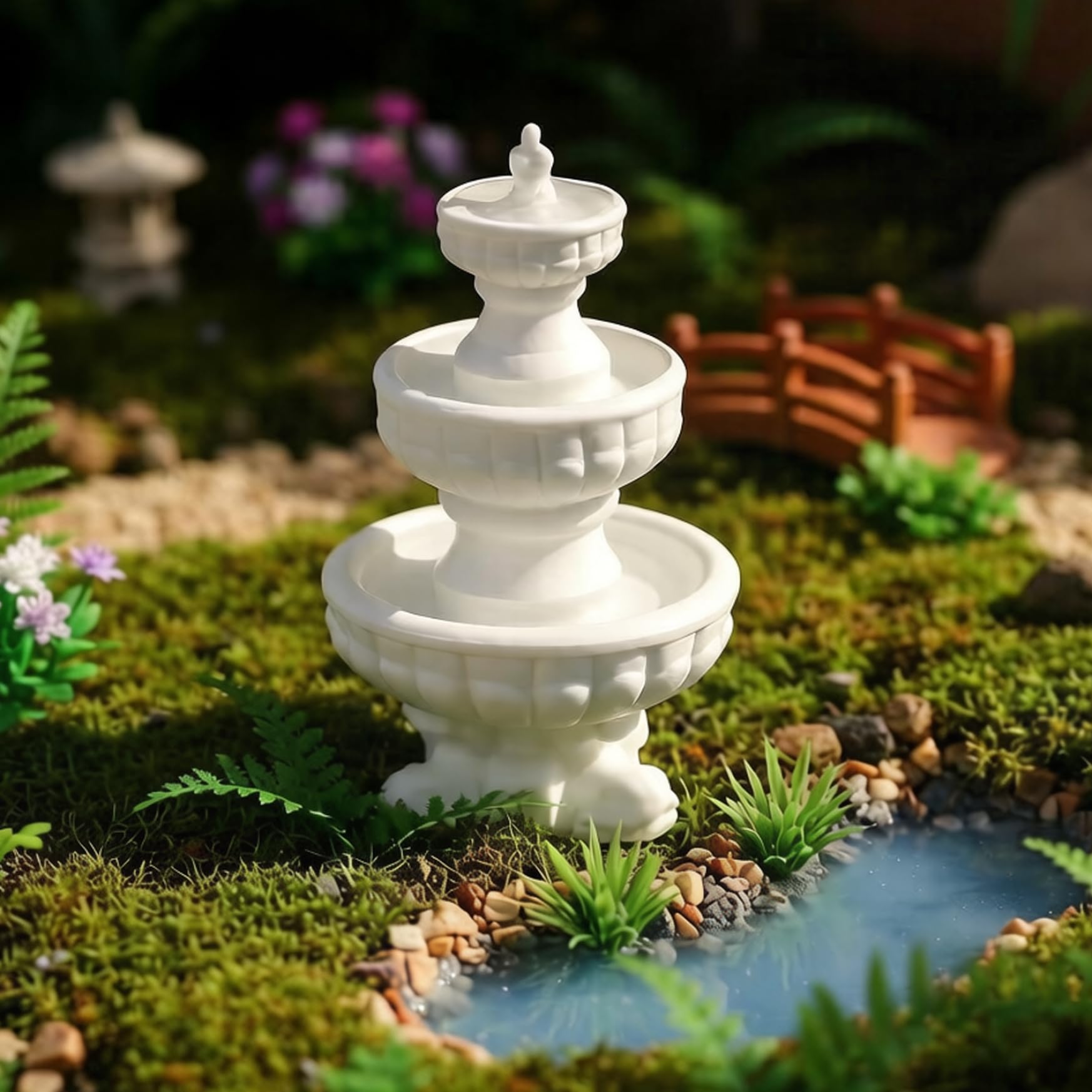 Mini Water Fountain, Exquisite Mini Fountain - White ABS Dollhouse Miniatures for Garden, Plaza & Scenes