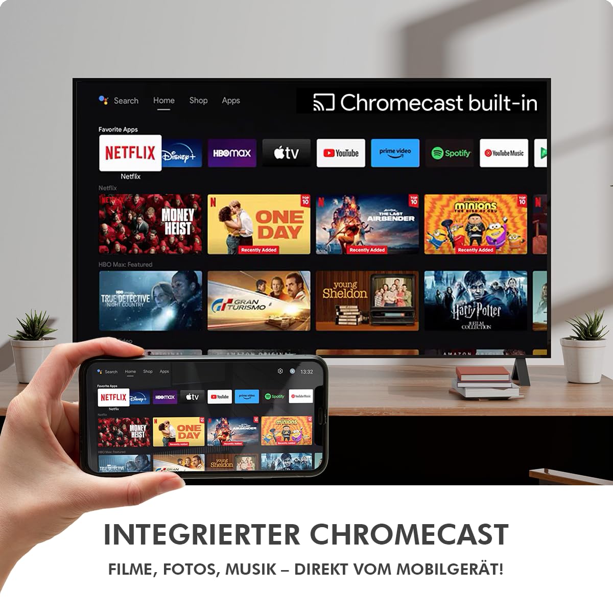 [Prueba MUY BUENA, dígito 1.1 *] Homatics TV Stick 4K UHD | Google TV & Netflix certificado | Android 12 reproductor multimedia Chromecast WiFi IP Stick con control remoto Bluetooth y cable de