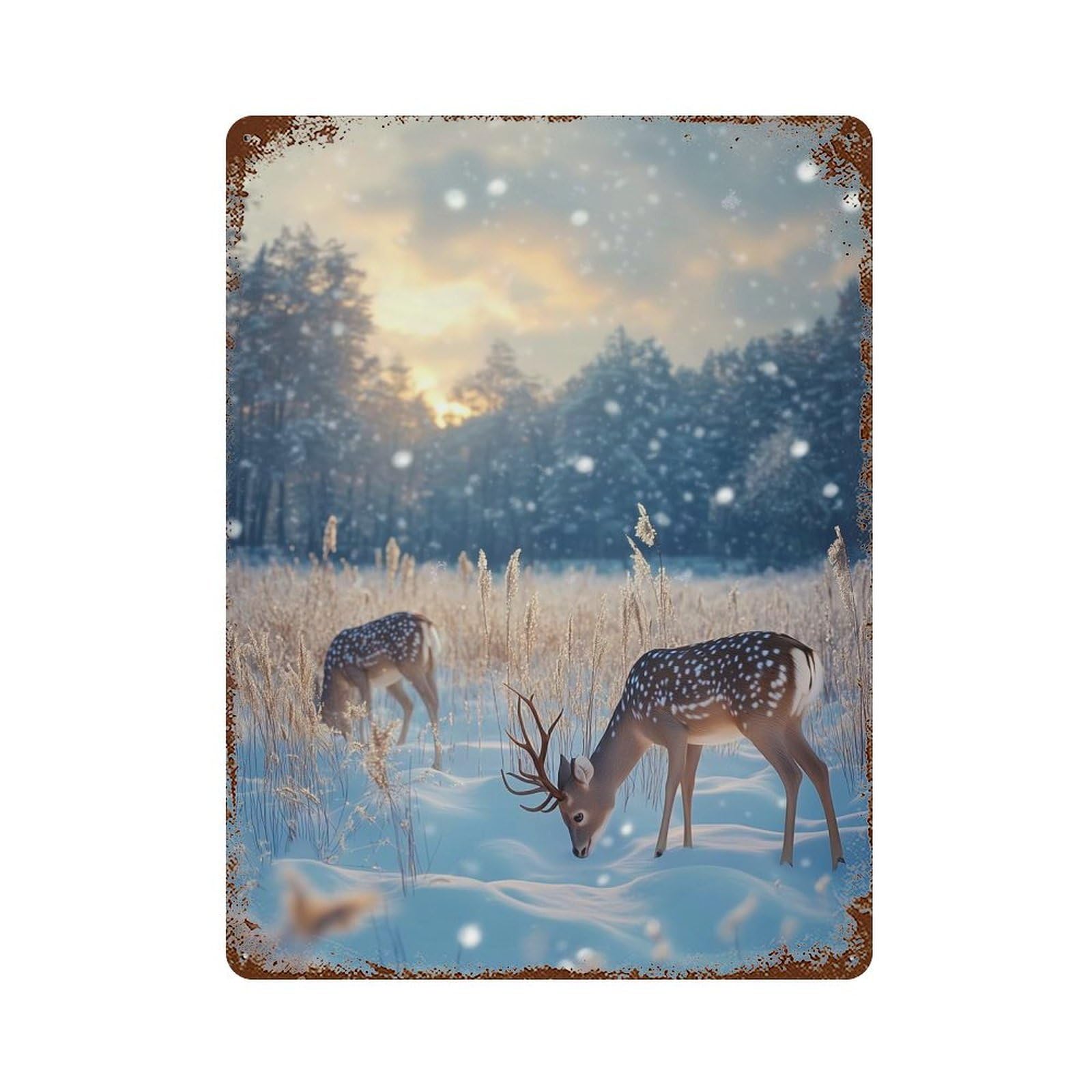 Rust Effect Winter Deer in Snowy Forest Christmas Distressed Metal Wall Sign 15.7"x11.8", Decorative Metal Wall Art for Living Room, Hallway And Home Decor