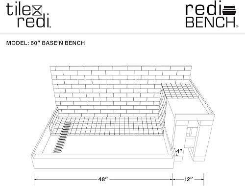 Miniatura 4 de Tile Redi RT3048L-SQPC-RB30-KIT - Sartén y banco de ducha con drenaje izquierdo, base de ducha de un solo bordillo, banco, drenaje de PVC de 2
