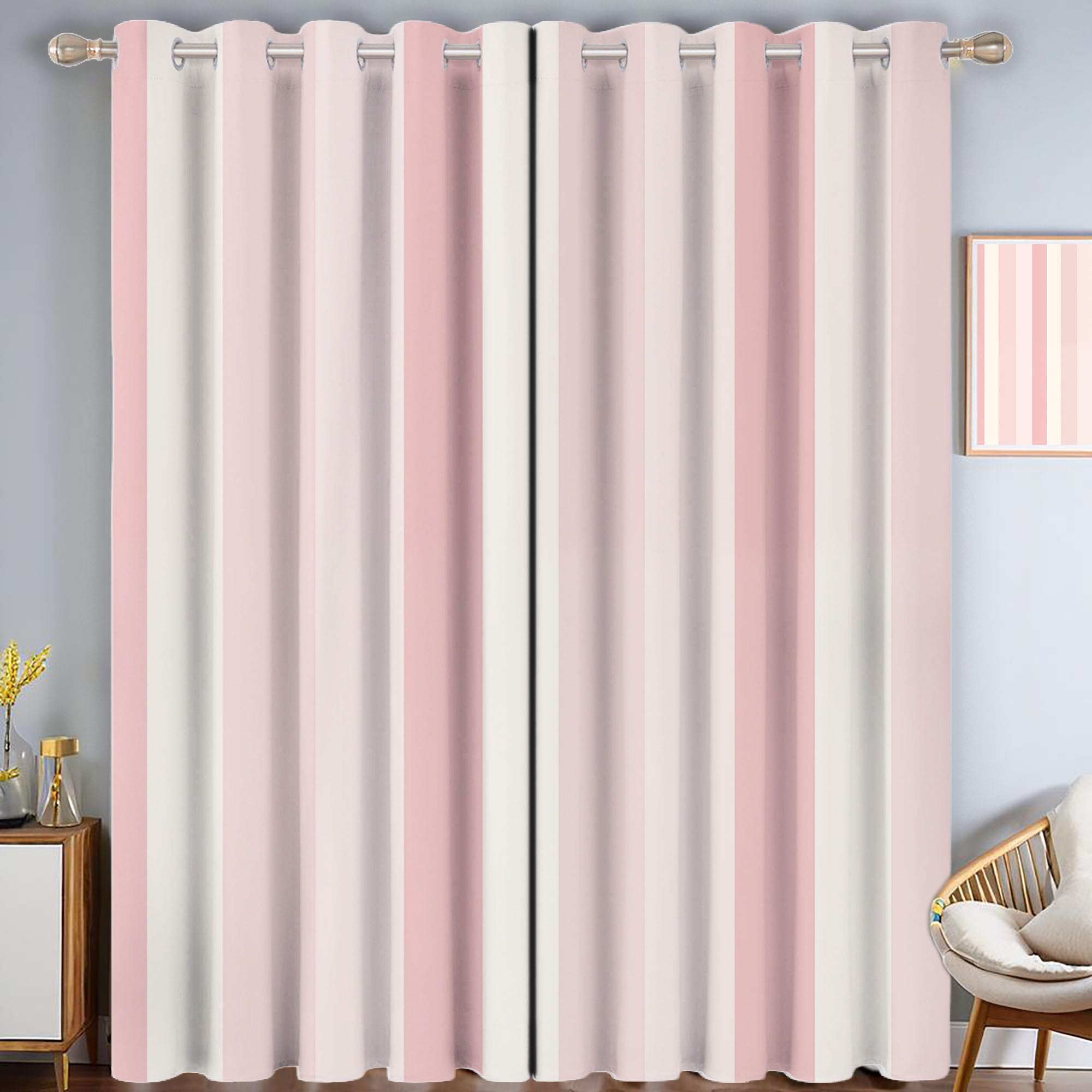 Rideau Occultant Thermiques Anti Froid Jolies Rayures Imprimé 117Lx183H Cm Rideaux Opaques pour Salon Chambre, Géométrie Simple Design avec Oeillet Poudre Blush Lot De 2 De Cuisine
