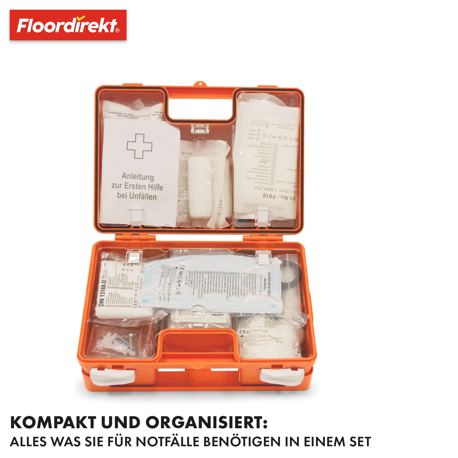Floordirekt Erste Hilfe Koffer für Betriebe DIN 13157:2021 gefüllt inkl. Wandhalterung | 1 Hilfe Verbandkasten Set für Zuhause, Büros und Gastro, Notfallbox bis 50 Mitarbeiter (28 x 20 x 11,5 cm)