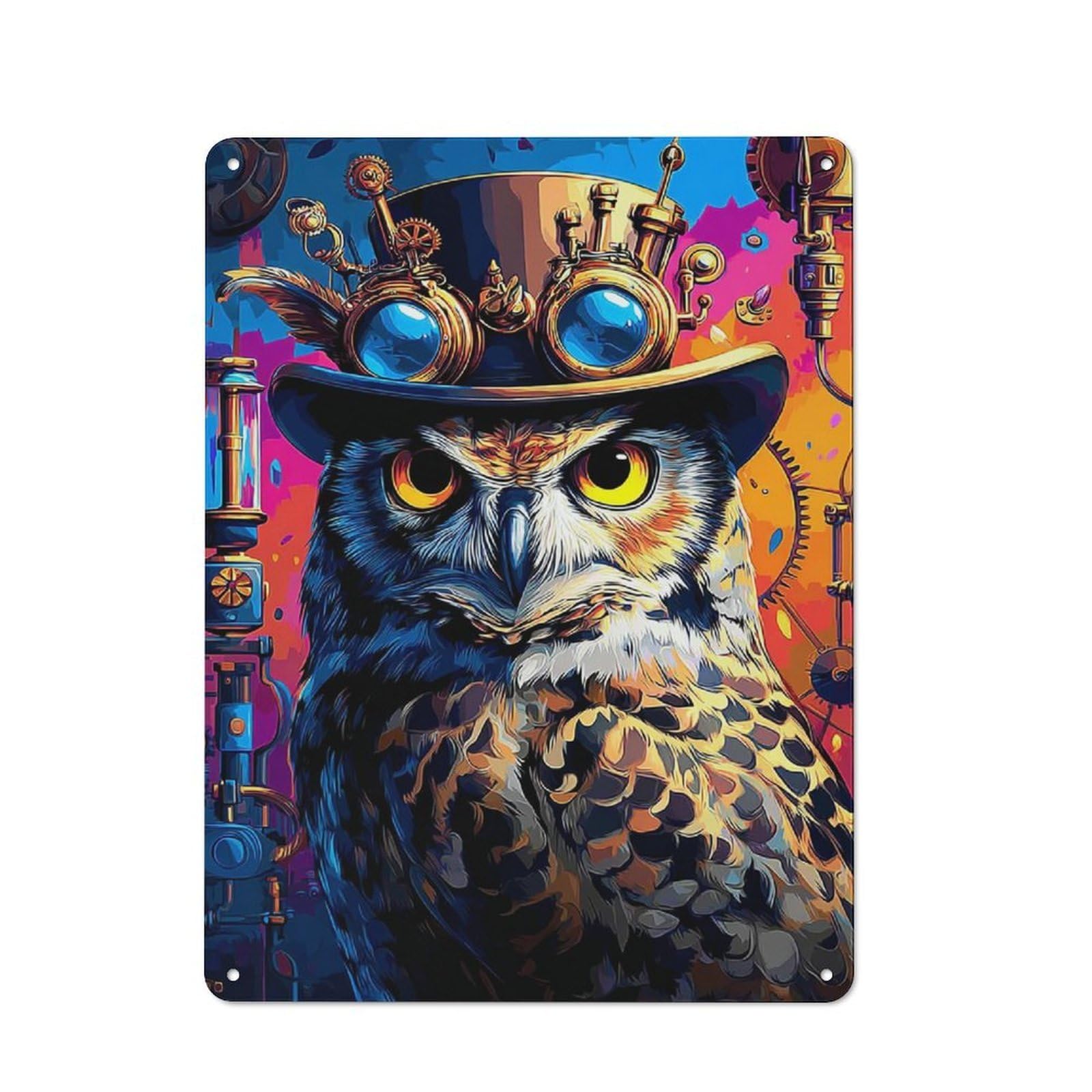 Decorative Tin Plaque with Steampunk Owl Artwork Design 40x30cm, Classic Novelty Wall Art for Flat, Dorm Room, Lounge Or Cafe