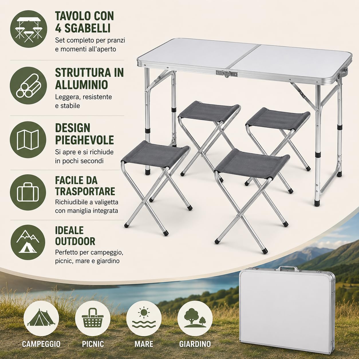 Generico Tavolo Campeggio Pieghevole con 4 Sgabelli Inclusi, Set Tavolino Pic Nic in Alluminio 120x60x70 cm, Tavolo Portatile Richiudibile per Mare Giardino Campeggio e Outdoor