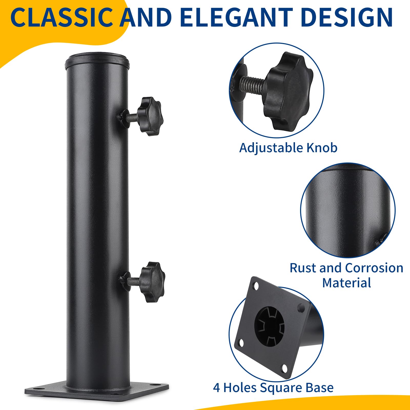 efuturetime Pied Parasol, Tube de Parasol, Support Parasol Metal Réglable avec 3 Anneaux de Réduction en PVC (32/38/48mm), Tube pour Pied de Parasol avec 8 Clous en Acier, Noir