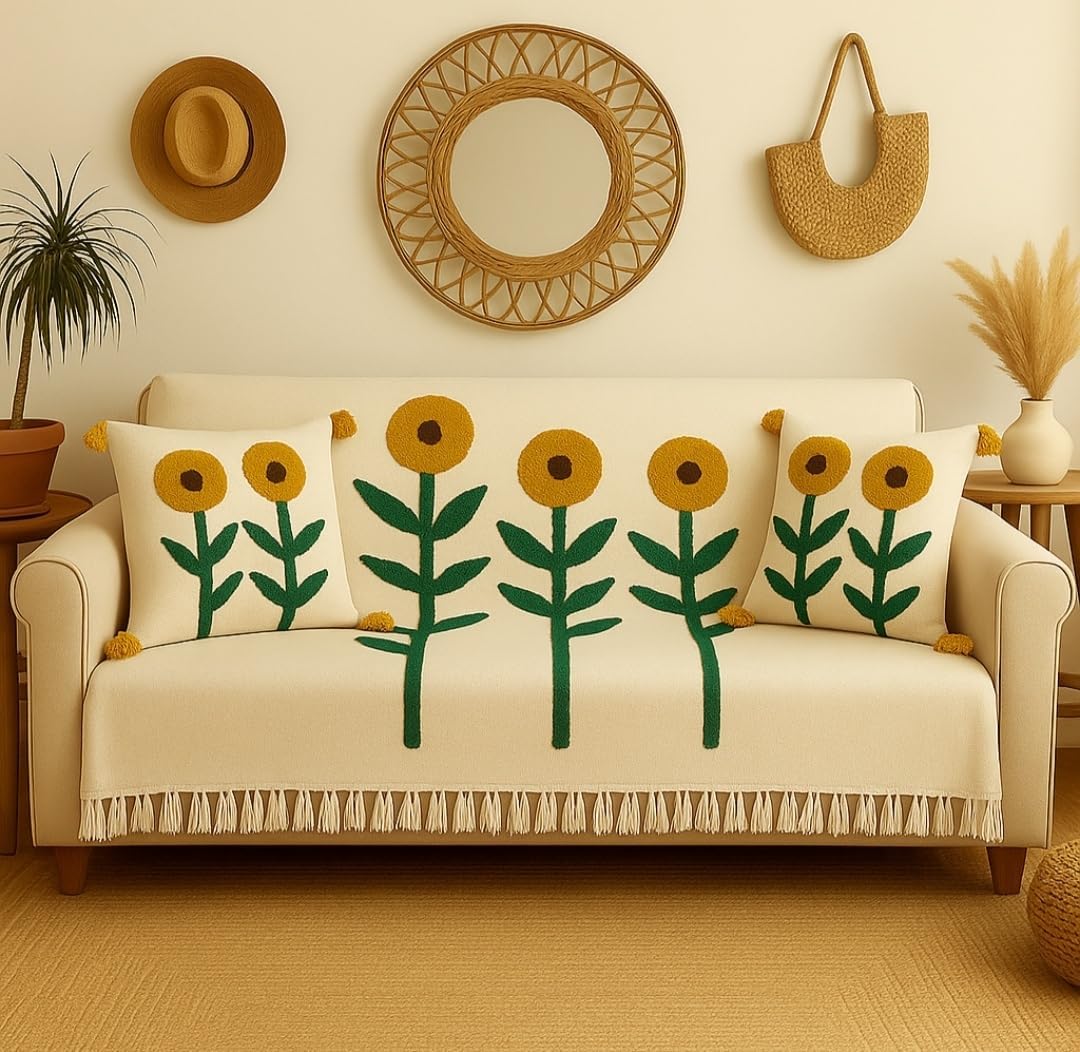 Sunflower Textured Cotton Cushion Covers 16x16 Inch Pack of 2 with Tassels & Matching Woven Cotton Throw Blanket 52x75 Inch | Cream Handloom Design Sofa Bed Couch Living Room Combo Set-image-14
