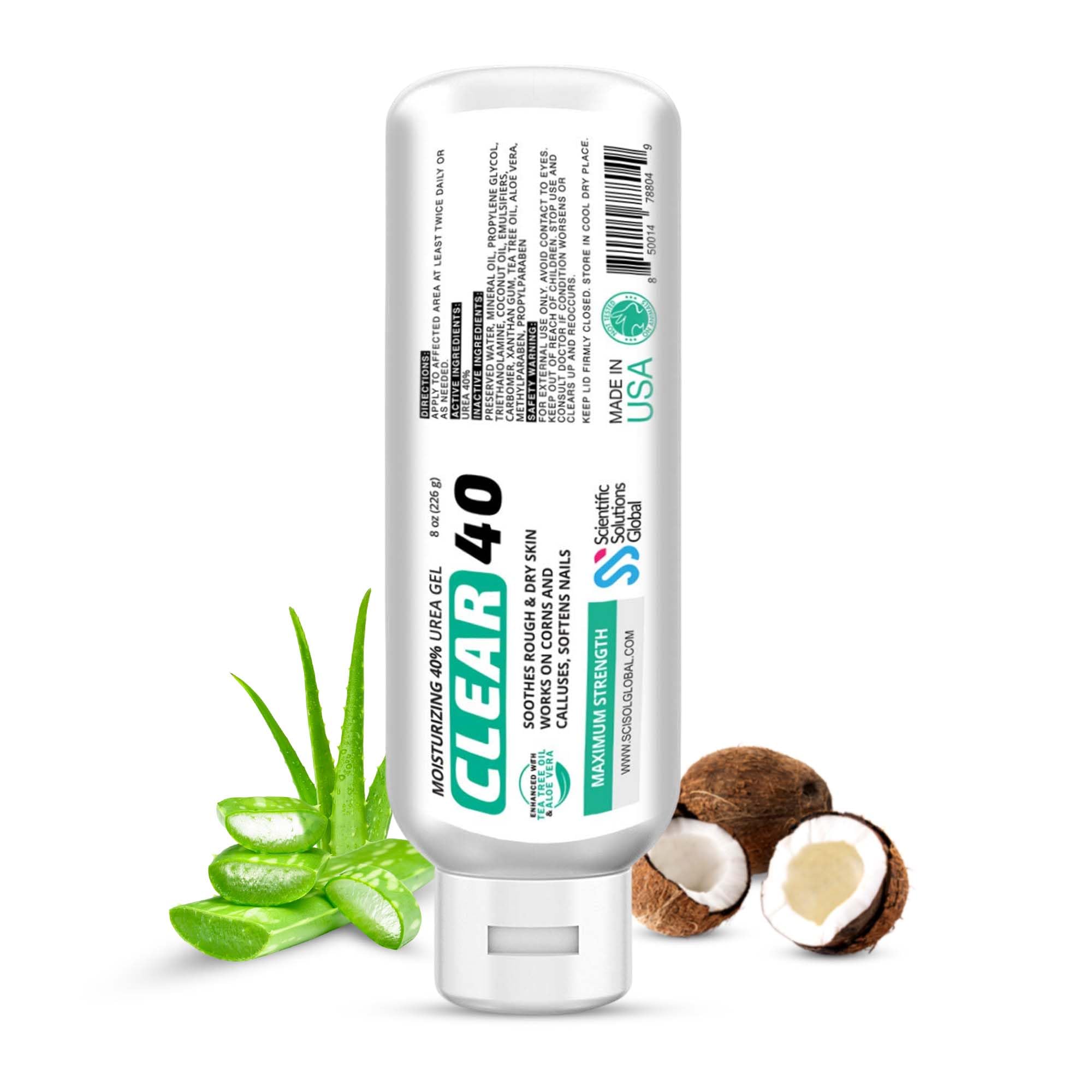 Clear 40, 40% Urea Gel, 8 oz w/Tea Tree & Coconut Oil, Aloe Vera Extract, Works on Calluses & Corns, Moisturizes & Softens Cracked Heels, Feet, Elbows