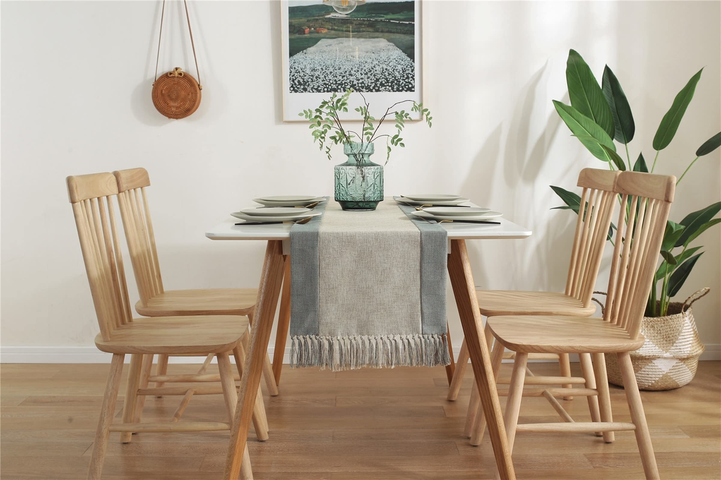 AmDxD Chemin de table de printemps, épissure avec pompon, taille : 38 x 240 cm, chemin de table en lin, fait à la main, facile d'entretien et anti-taches, pour mariage, décoration moderne, beige