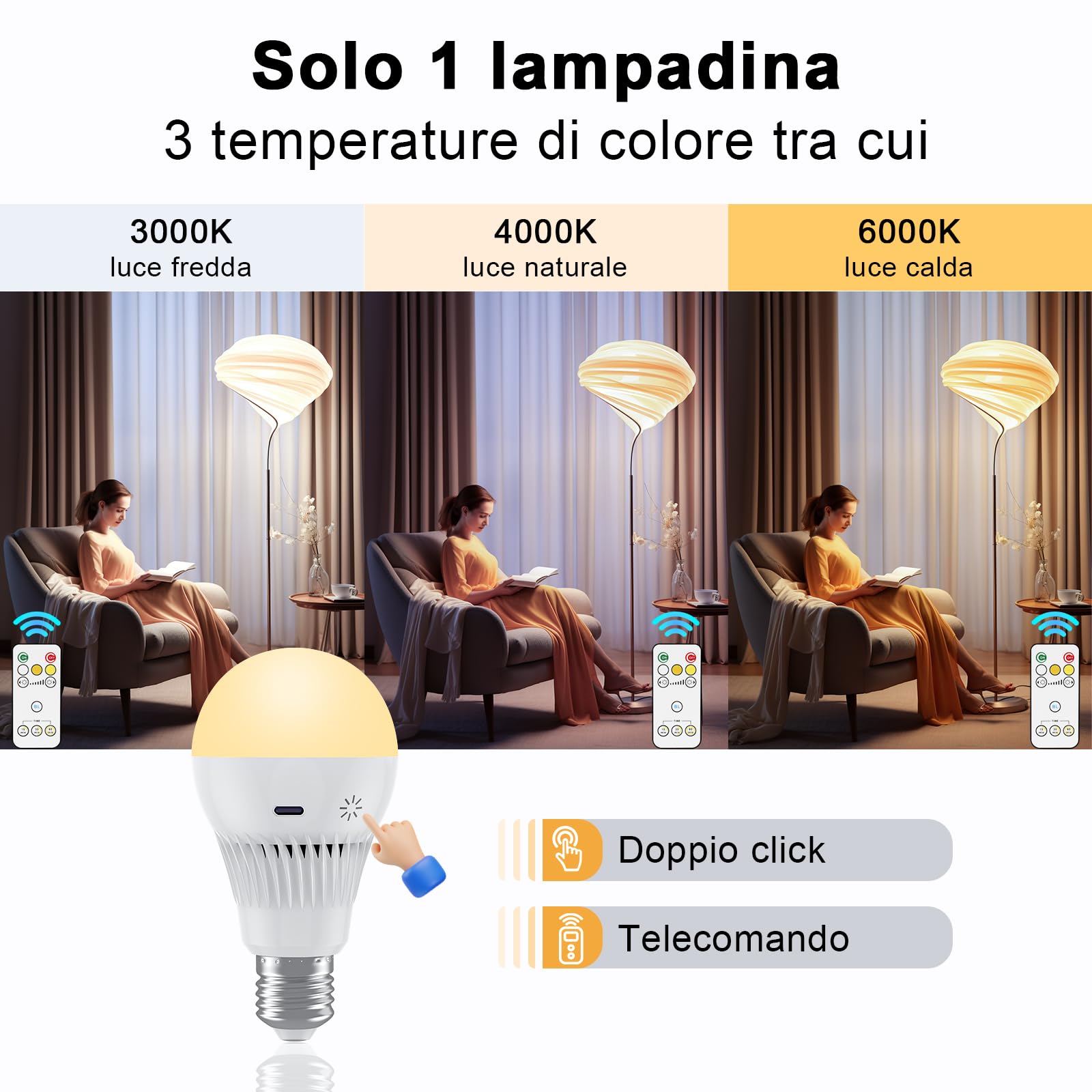 Lampadina Ricaricabile USB C Con Telecomando, 9W Lampadina Senza Fili Con 3 Colore, E27 Lampadina LED Dimmerabile Touch Control Con Timing, 3000mAh Luce di Emergenza Con Gancio per Casa ed Esterni
