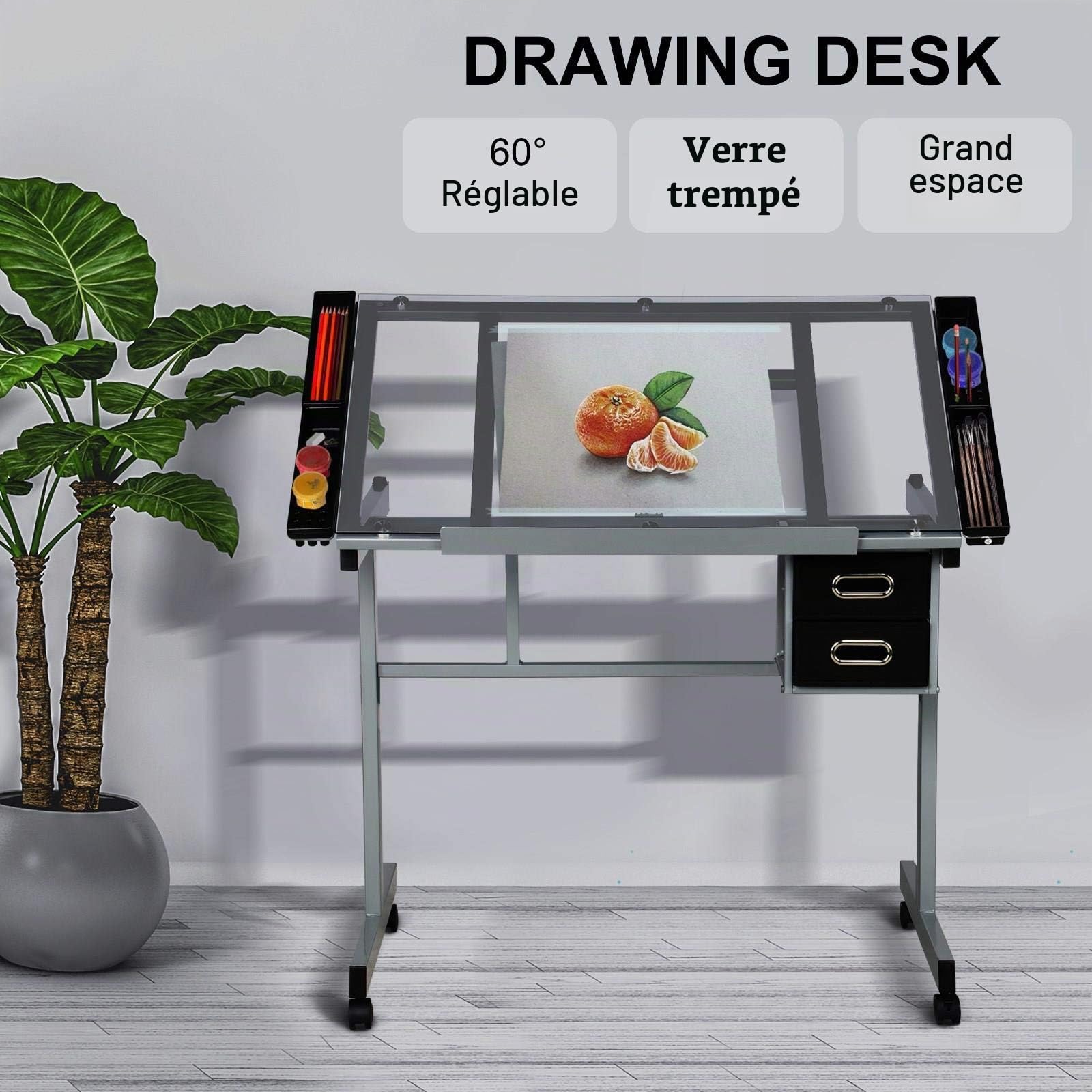 Abician Table à Dessin Inclinable avec 2 Tiroirs Bureau à Dessin Réglable en Hauteur avec Grand Plan de Travail Relevable 0°-60° Bureau pour Peintres/Architectes/Ingénieurs/Illustrateurs Noir