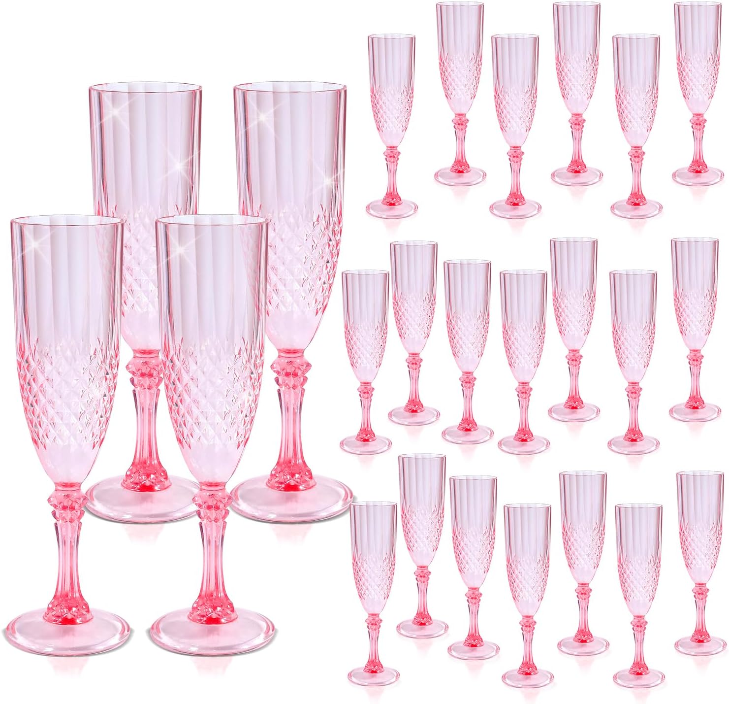 CHLJAR 24 Pcs Plastic Pink Champagne Flutes Goblets 7Oz Champagne Wine Glasses Bulk Reusable Drinkware Vintage Champagne for Parties Wedding cocktail Bachelor Parties, Toasting, and Events