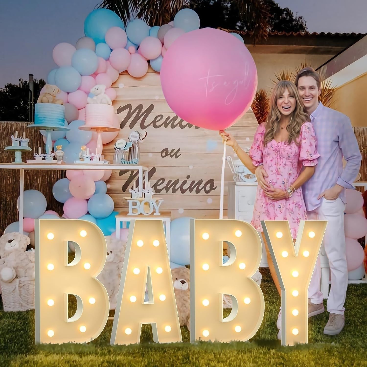 Große neonbeleuchtete Buchstaben mit Mosaik-Ballonrahmen und Ballonbogen-Set, perfekt für Geburtstage, Hochzeiten und Babypartys