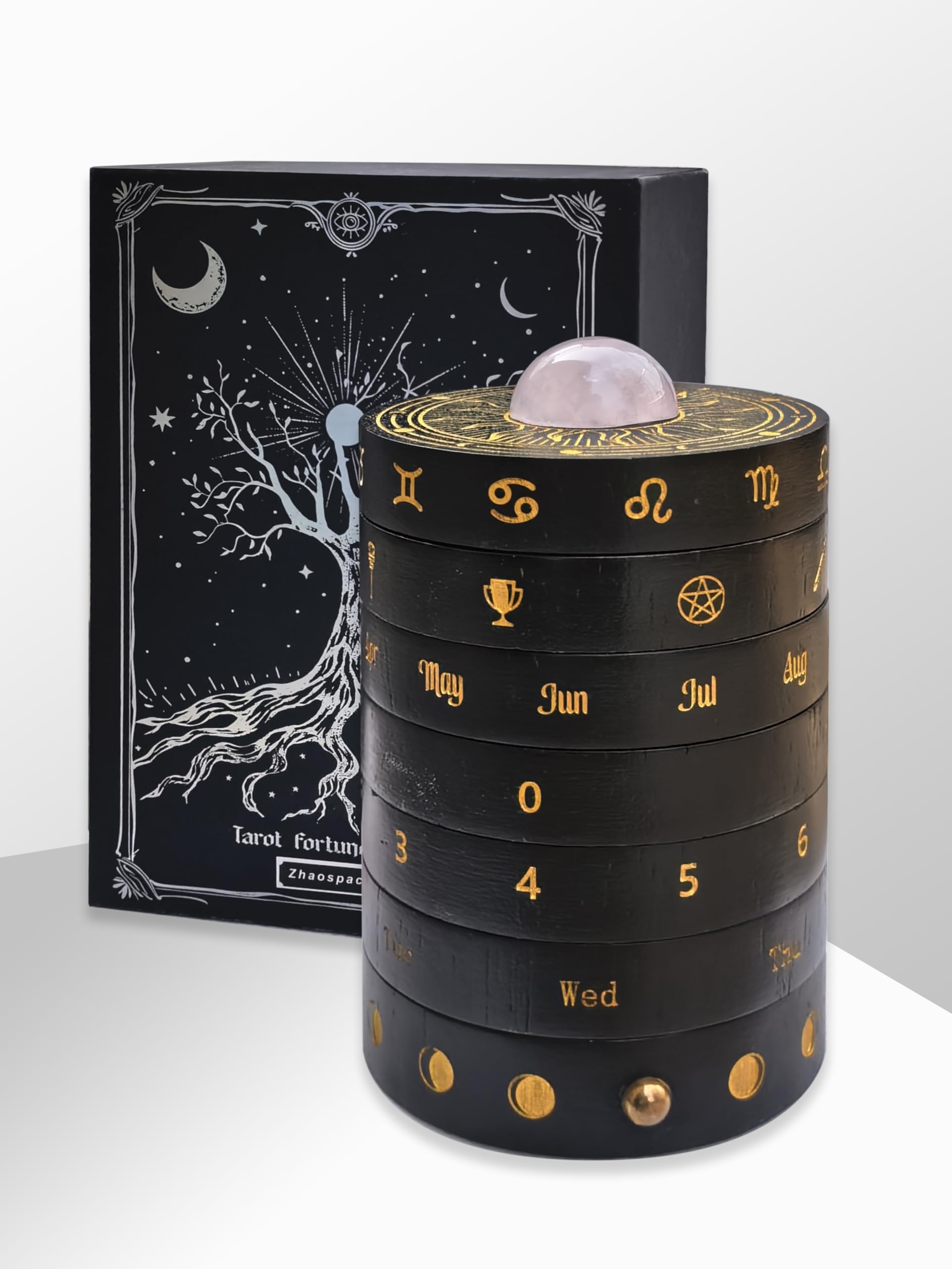 Zhaospacetime Kinetic Tarot Wheel, 7-Layer Wooden Divination Tool with Mechanical Ratchet & Crystal Top, Witchy Altar Decor
