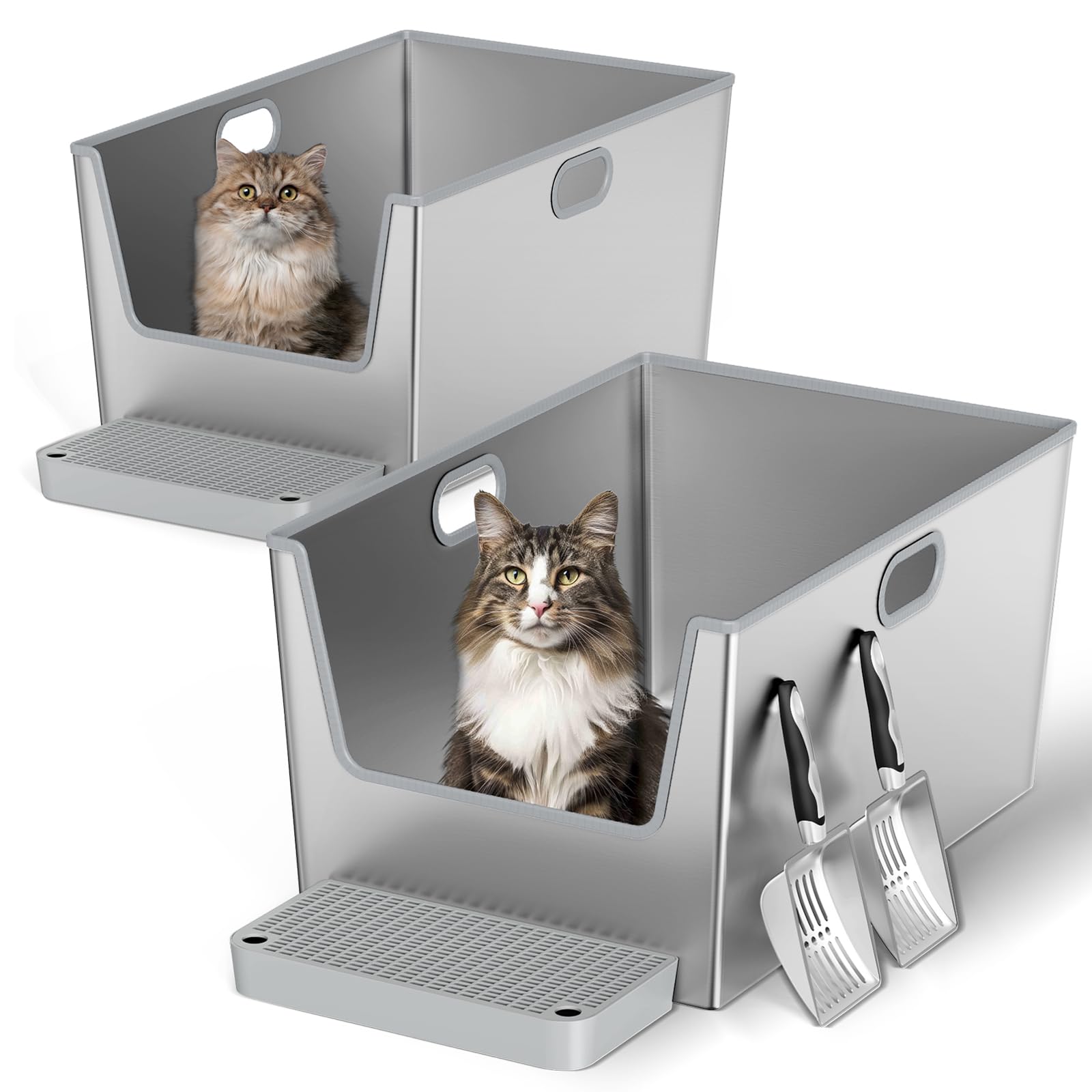 2 Pack 12'' High Sides Stainless Steel Litter Box for Big Cats,XXL Metal Maine Coon Litter Box with Tall Sided Wall,XXXL Deep Litter Boxes with Low Entry for Senior Cats,Never Absorbs Odors