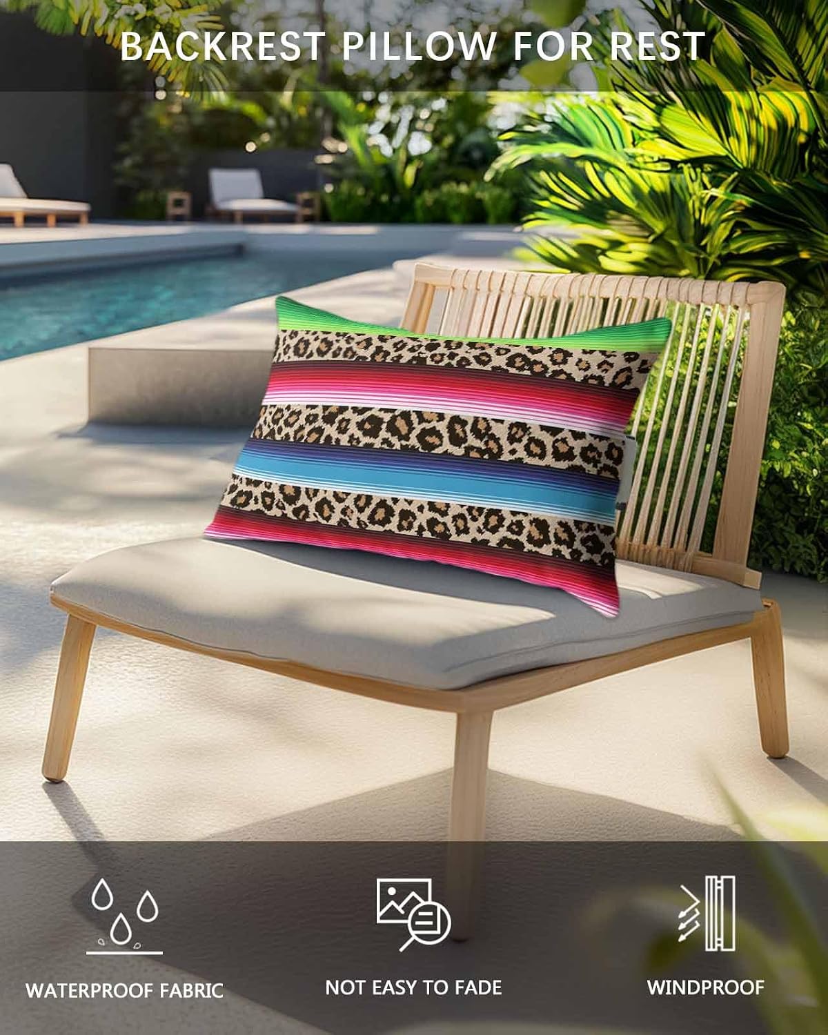 Stripes Outdoor Pillows for Chaise Lounge Chair Set of 2 Mexico Leopard Print Green Red Blue Waterproof Lumbar Patio Pillows with Insert & Adjustable Elastic Strap for Recliner Beach 12" x 20"