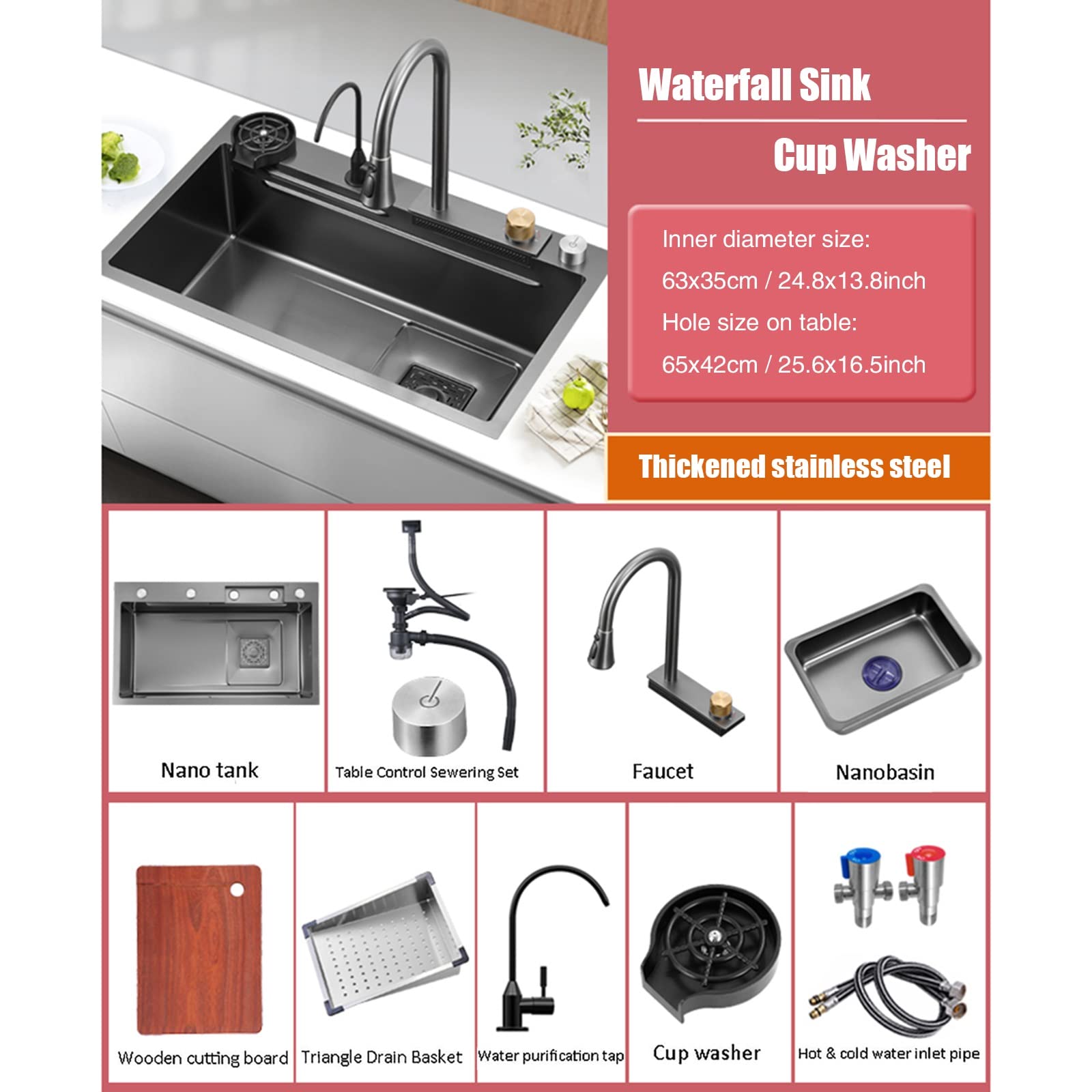 Lavello da Cucina A Vasca Singola Nero 304 Lavello a Cascata in Acciaio Inox lavastoviglie Lavello Singolo con rubinetto estraibile, tagliere, rondella della tazza E Componenti di Drenaggio ( Size : 6
