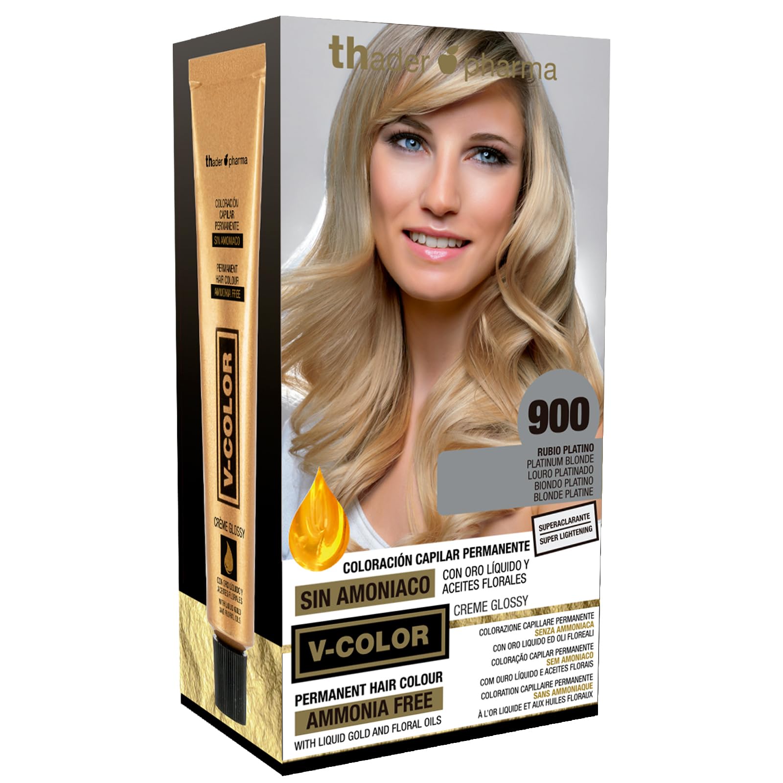 Thader Th Pharma V-Color Ammonia-Free Permanent Dye Kit with 100% Liquid Gold Gray Coverage, 120 ml (No. 900 Platinum Blonde)