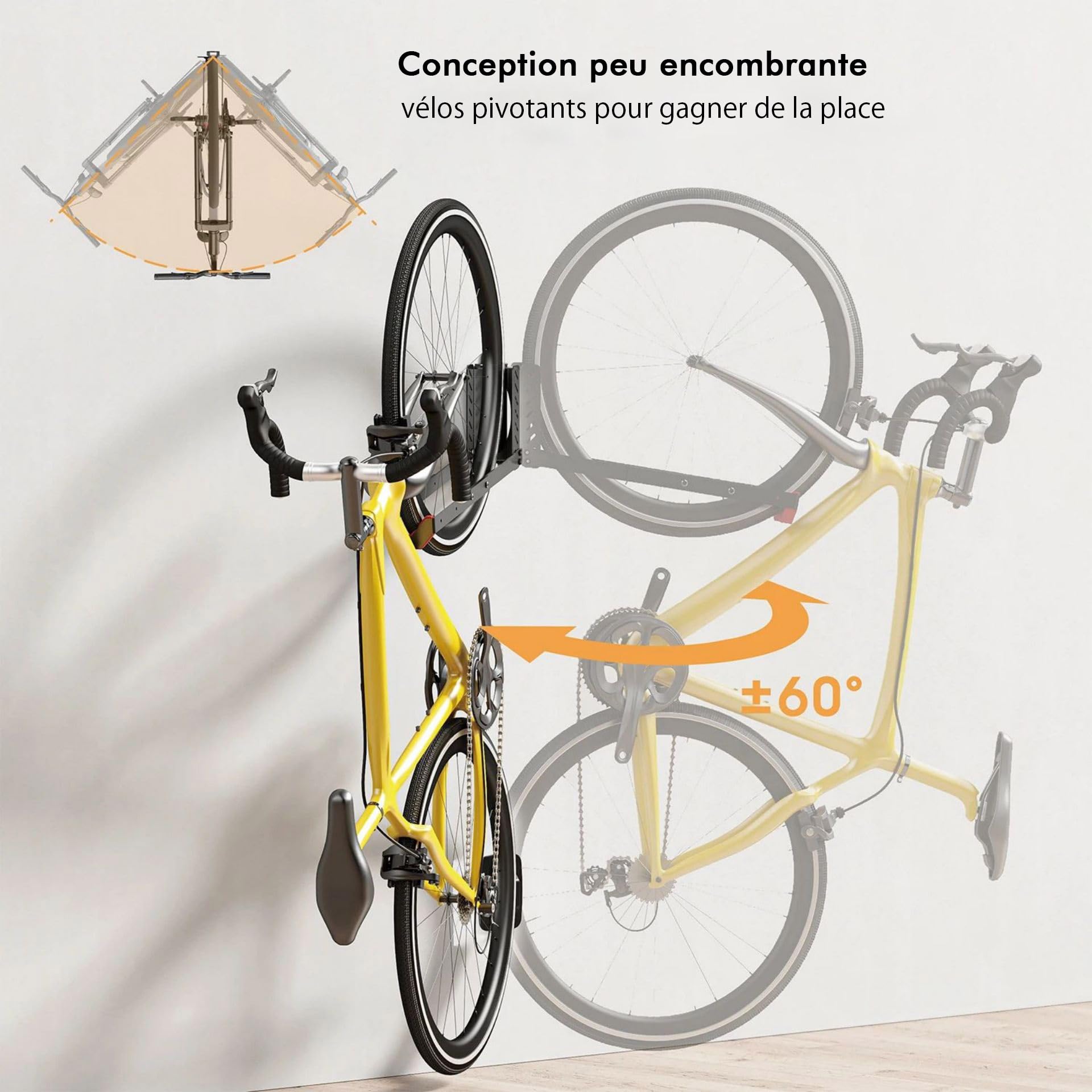 Mimoke Support mural réglable pour vélo - Peu encombrant - Design facile à soulever avec bras pliable et fonction pivotante (1 unité)