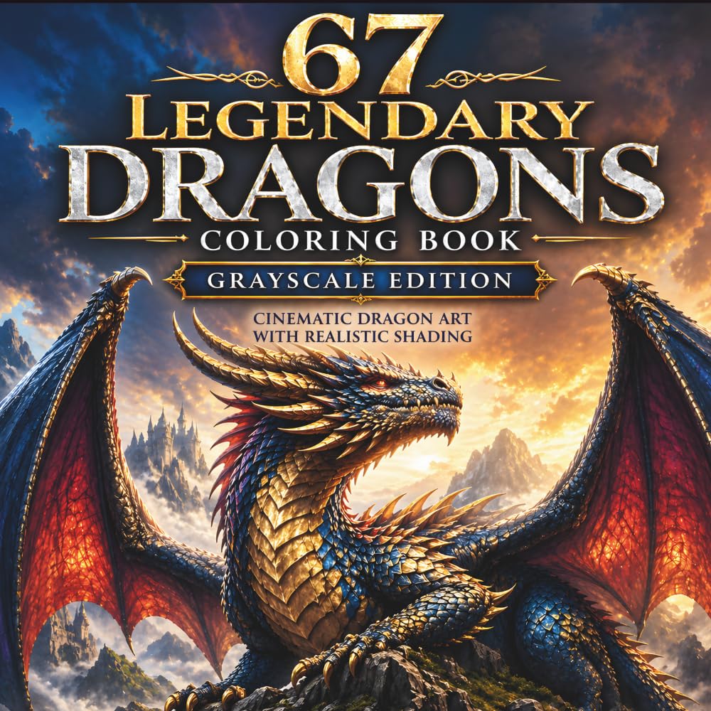 67 Legendary Dragons Coloring Book – Grayscale Edition: Cinematic Fantasy Dragon Art with Realistic Shading for Mindfulness & Creativity