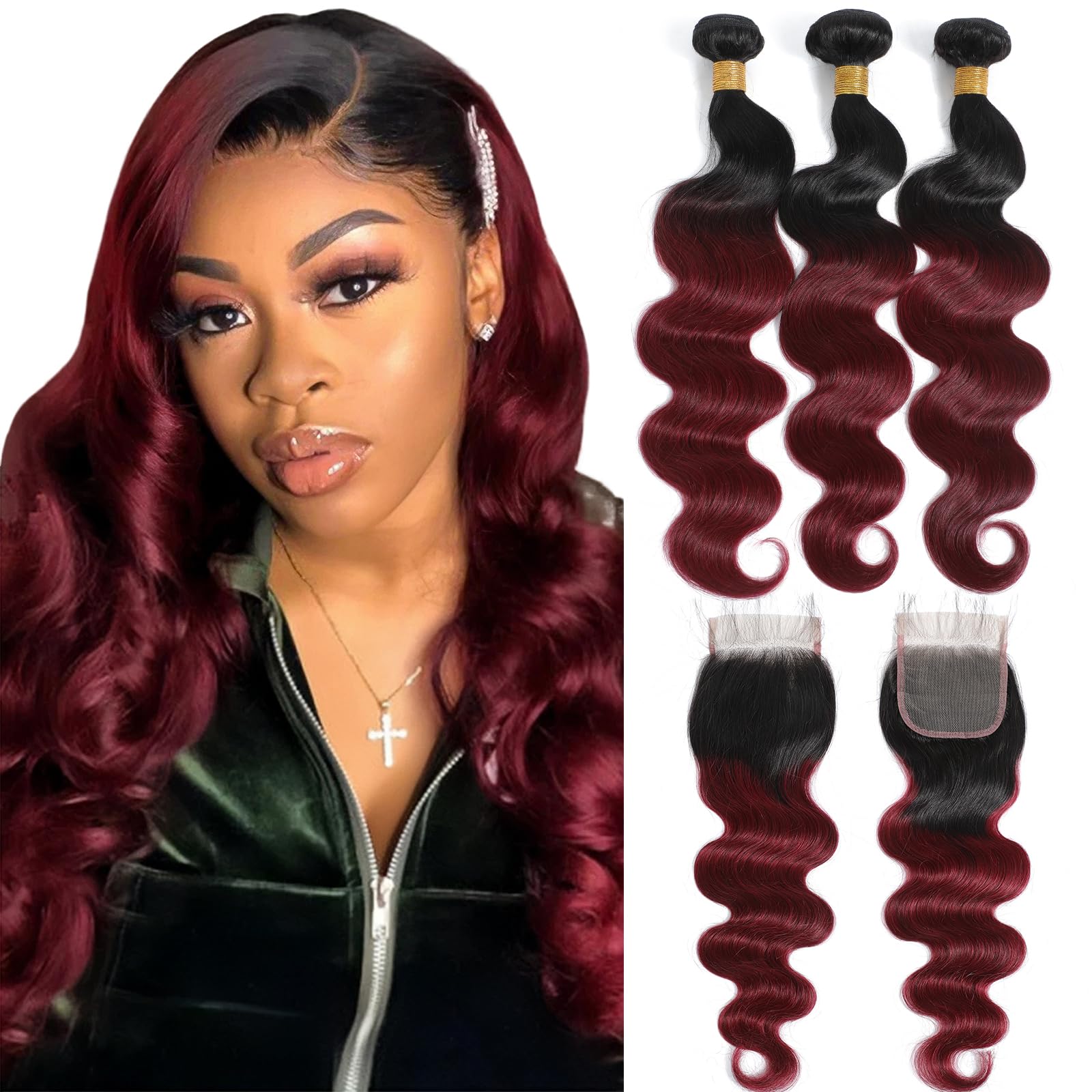 Kapelli Hair 10A Ombre Brazilian Human Hair With Closure (18 20 22+16) Brazilian Body Wave with Closure 2 Tone Black to Burgundy Human Hair Weave