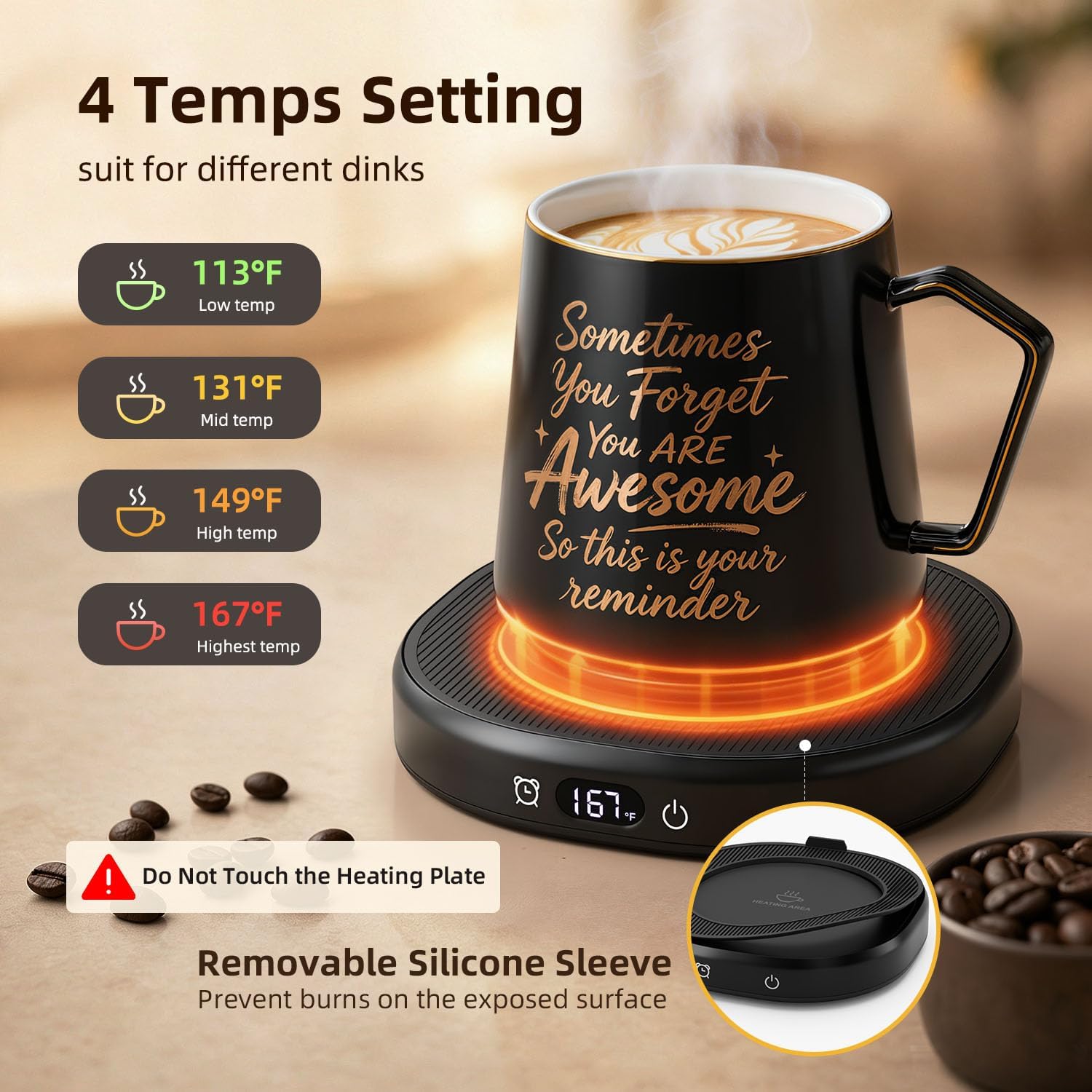 Coffee Mug Warmer Set Electric Cup Warmer for Desk Tea Candle Heated Plate | You are Awesome Mug with Warmer Set, Office Beverage Tea Coffee Lover Gifts for Men, 4 Temperature Control, 8H Auto Shut Off