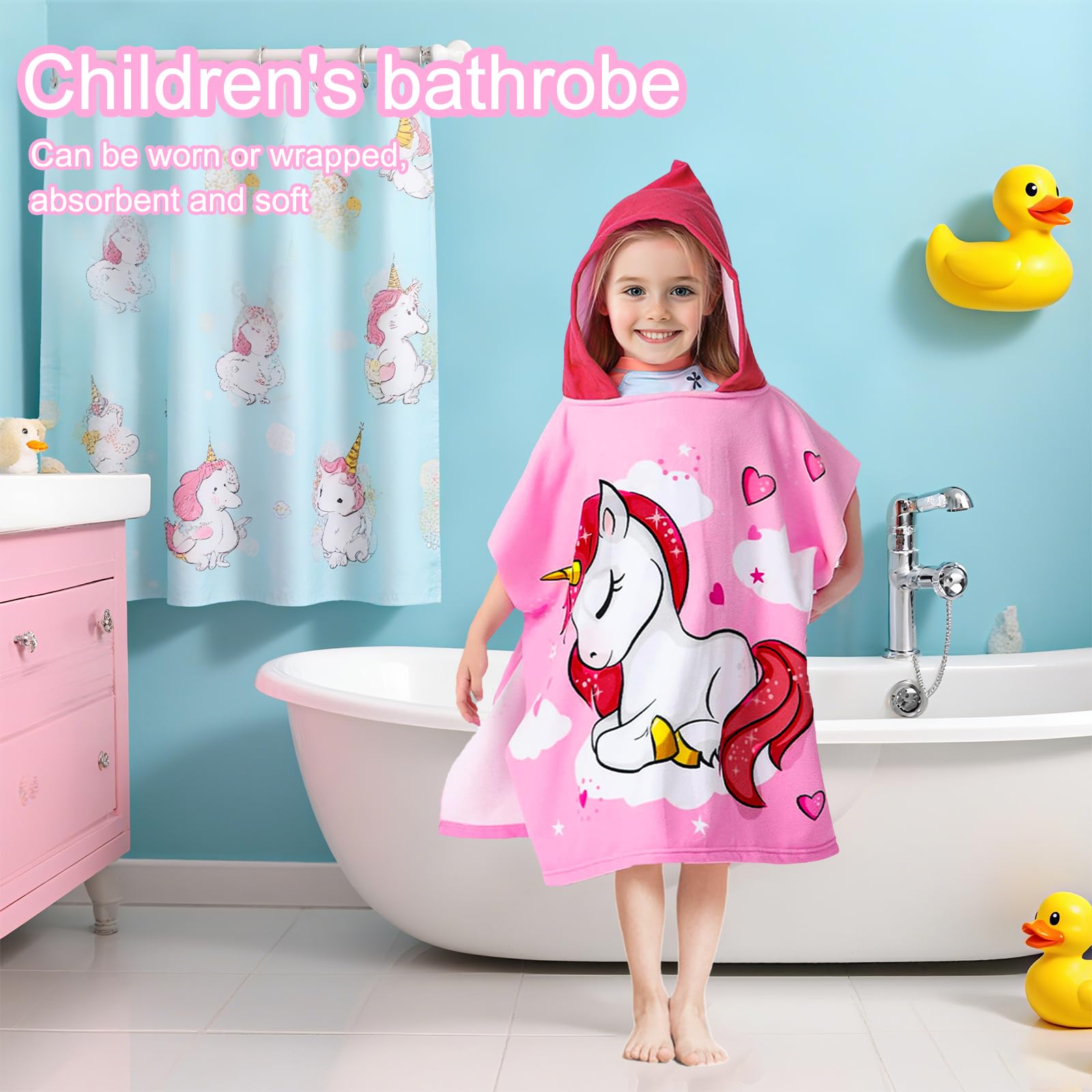 Uryxery Kids Hooded Poncho Towel - Pink Unicorn, 23.6×47.2in (60×120cm) for 3-10 Years, Soft Microfiber Cover for Beach Pool & Bath - Image 4