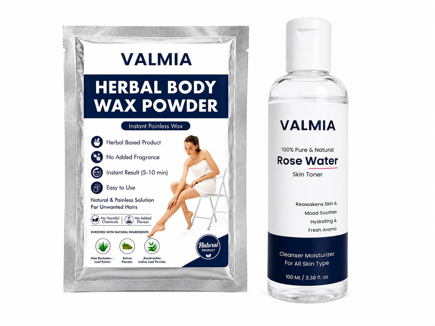 VALMIA Herbal Body Wax Powder with Rose Water for Women & Men | Instant Painless Hair Removal Powder for Arms, Legs, Underarms & Body | Natural Herbal Formula for Smooth Skin (100g Powder + 100ml Rose Water)