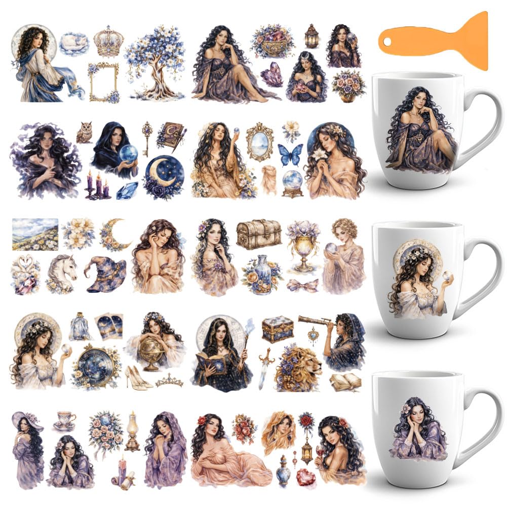 GOMAKERER 20 Pcs Aesthetic People UV DTF Cup Wraps, 10 Sheets Astrologer Witch Crystal Moon Cup Wrap Decals Floral Moon Waterproof Rub on Transfer for Glass Cups Furniture