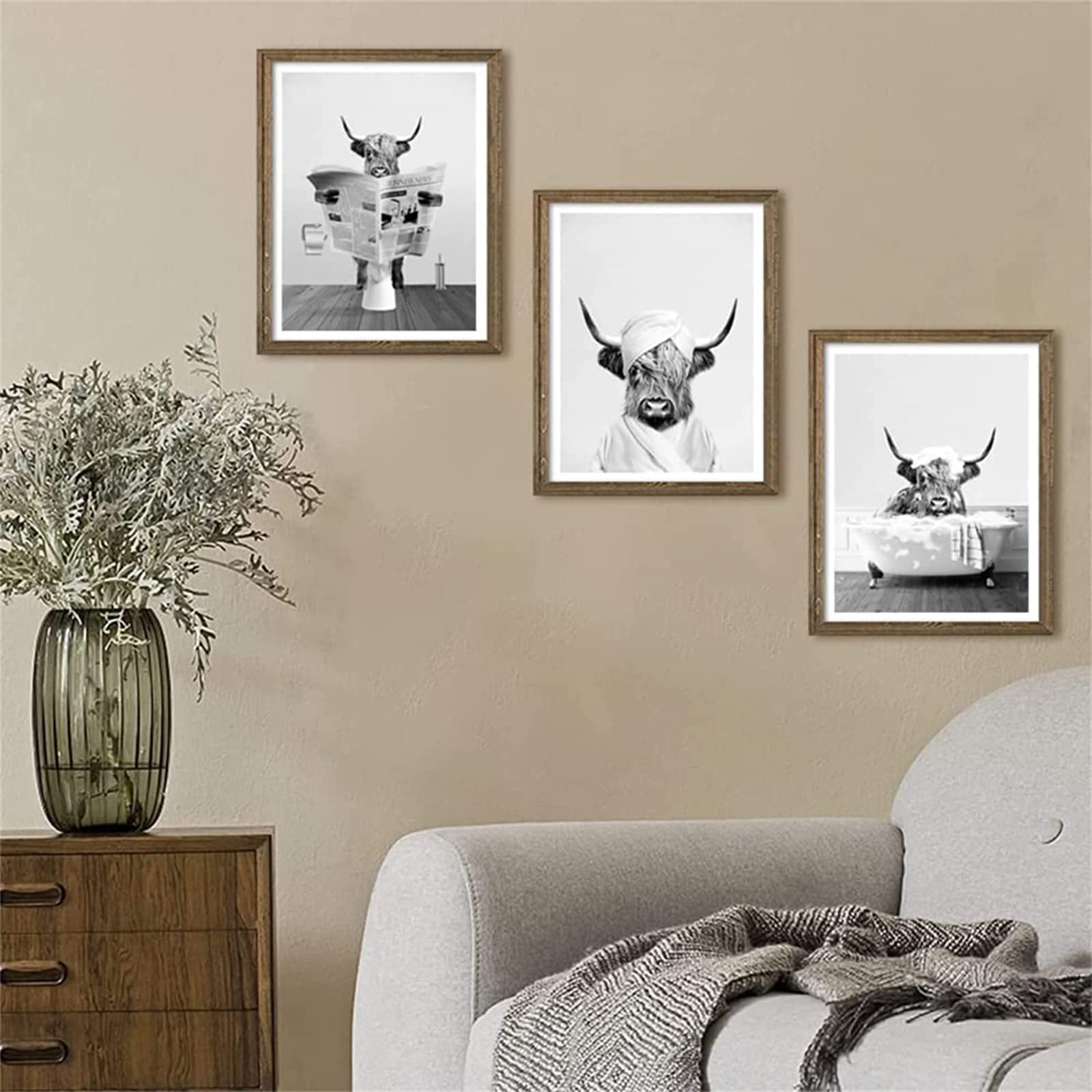 Highland Cow Wall Art - 23.7x15.8 Inch Wooden Framed Print, Rustic Farmhouse Decor For Living Room