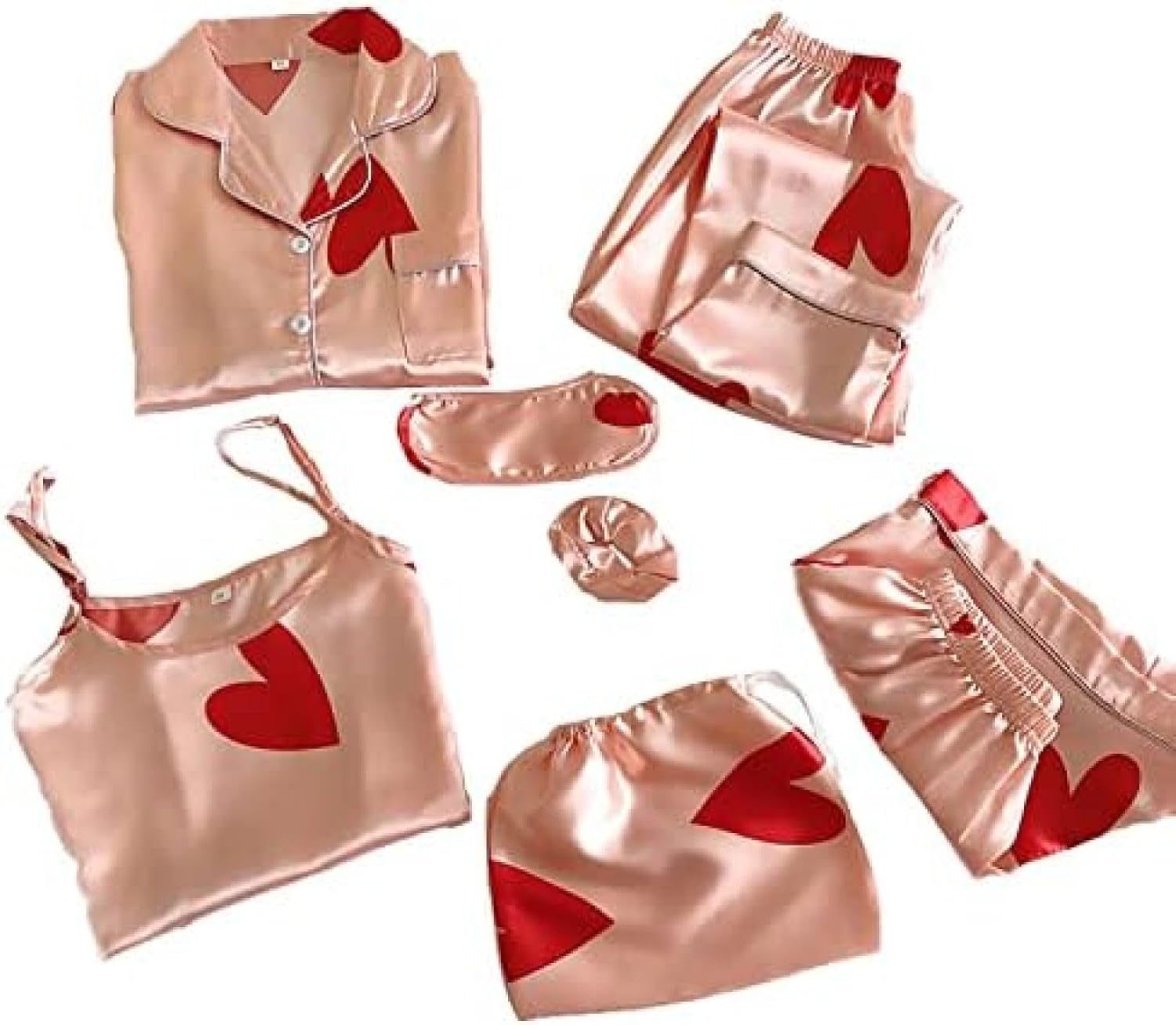 [売店] パジャマ サテン 7点セット レディース ルームウェア 部屋着 寝巻き 寝间着 長袖 半袖 キャミソール 上下セット 吸汗