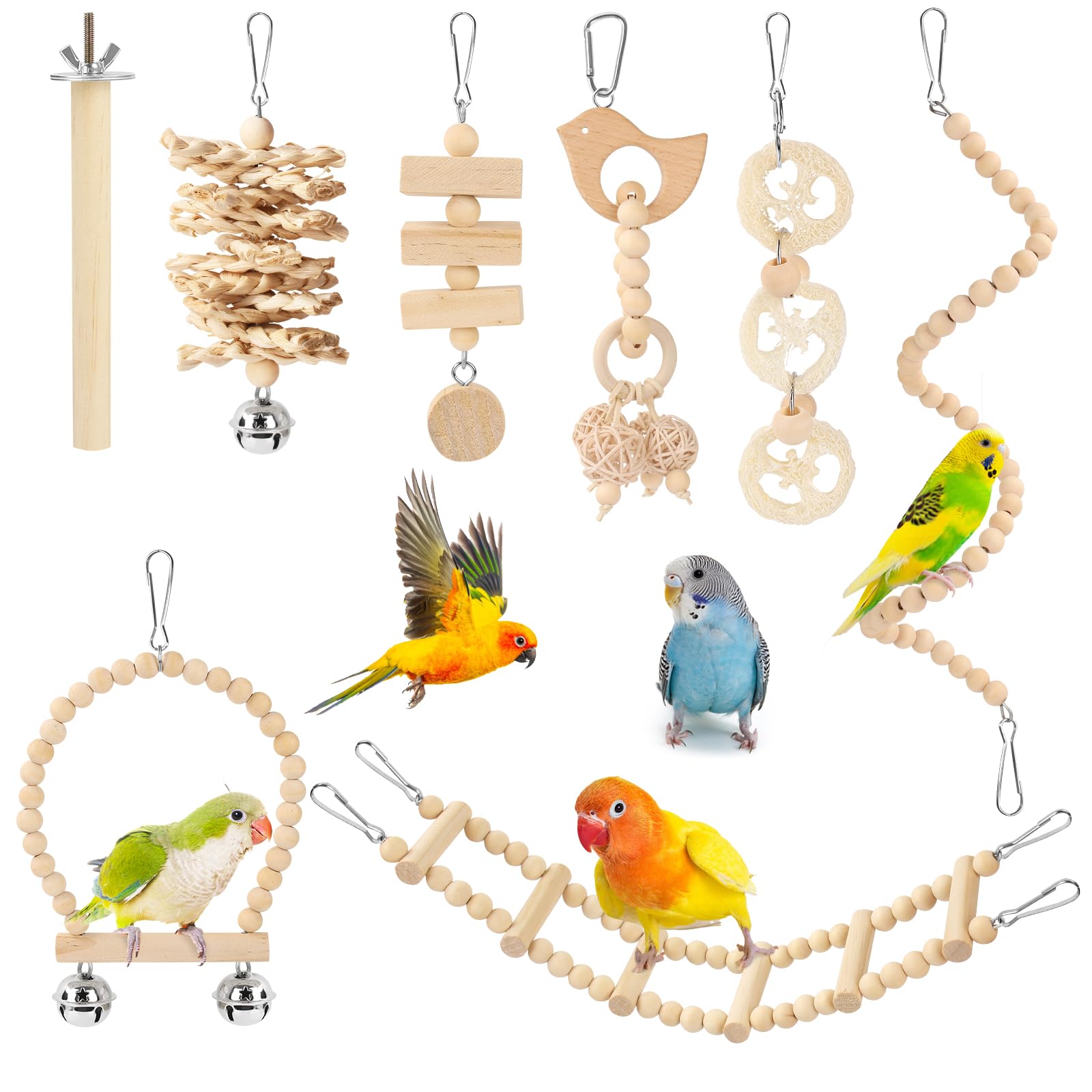 Pethee 8 Pack Parakeet Toys Set: Bird Cage Accessories with Parrot Swing, Chew Toys, Wooden Swing, Hanging Bell