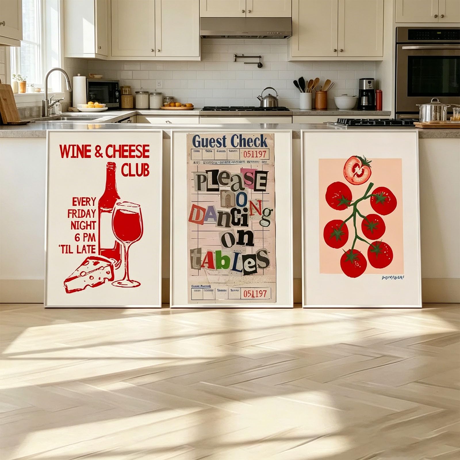 JORCEDI Set of 3 Posters, Wine & Cheese Club, Retro Tomato Receipt Wall Art, Aesthetic Retro Canvas Prints, Kitchen and Dining Room Wall Decor, Unframed (HJK,21x30cm)
