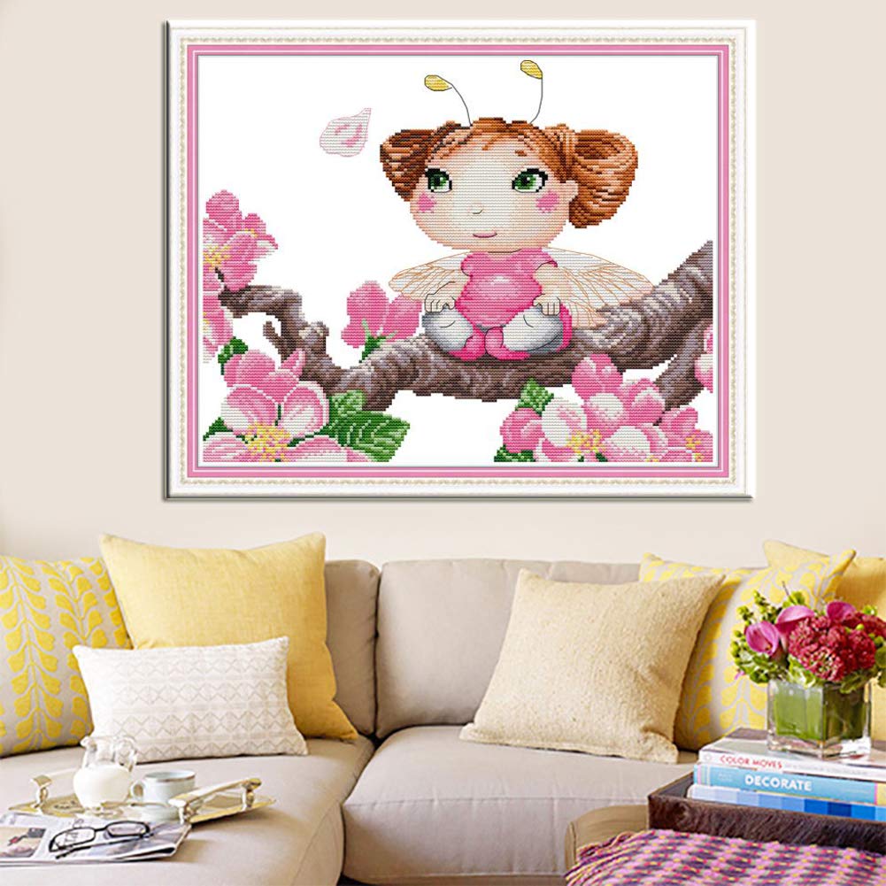 WOWDECOR Cross Stitch Embroidery Kits for Adults Kids, Bee Fairy Peach Blossom 11CT Stamped DIY DMC Needlework Easy Beginners