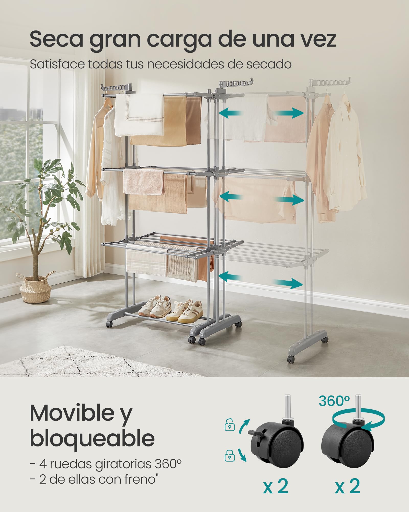 SONGMICS Tendedero Plegable de 4 Niveles, con Ruedas, Alas Plegables, (131-200) x 63,5 x 177,5 cm, Gran Capacidad, Montaje Fácil, Uso Interior y Exterior, Gris LLR704G01