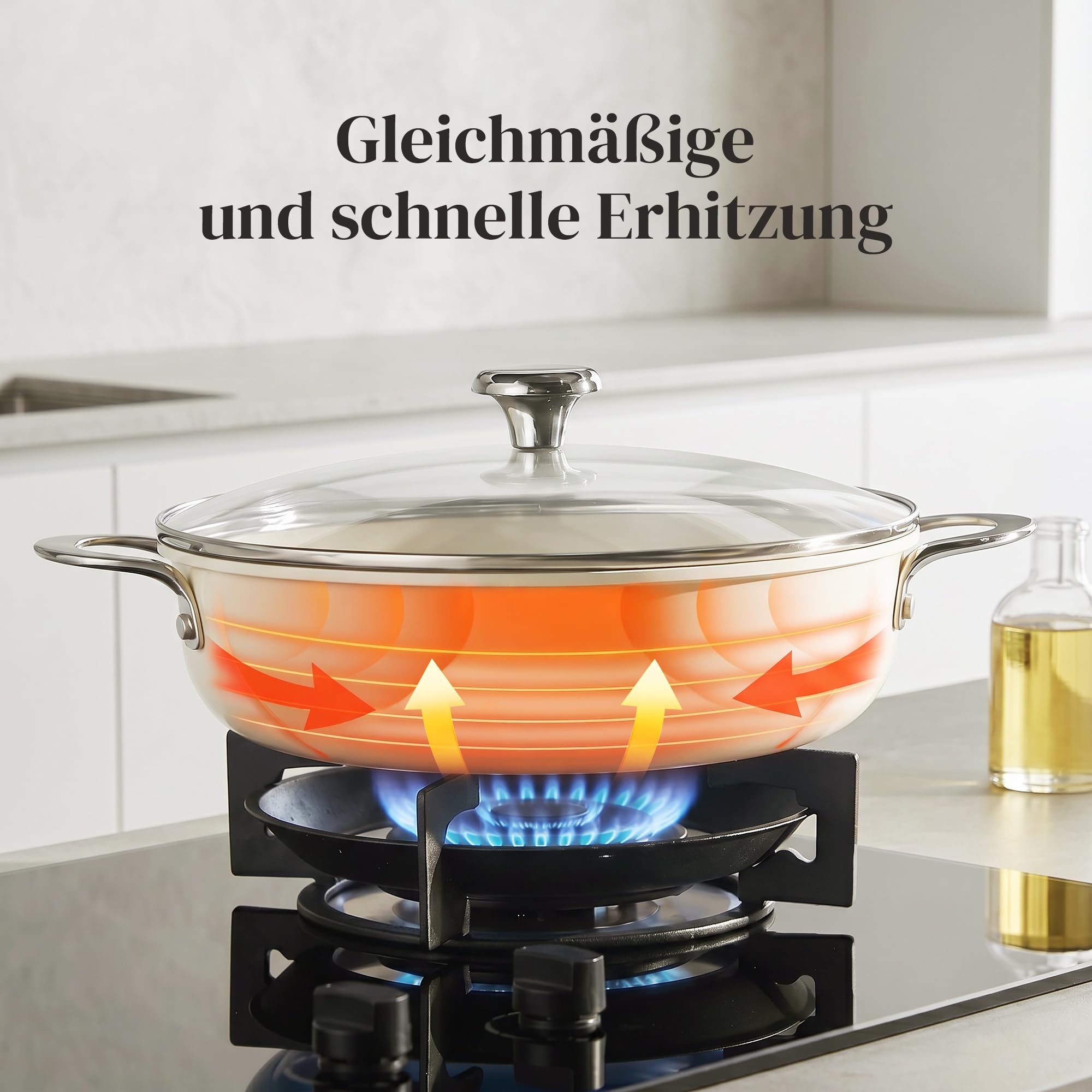 Redchef Padella per stufare, 28 cm, bordo alto, con coperchio, 3,85 l, antiaderente in ceramica, senza PFOA/PTFE/PFAS, manico in acciaio inox, lavabile in lavastoviglie, per cucinare arrosti, beige