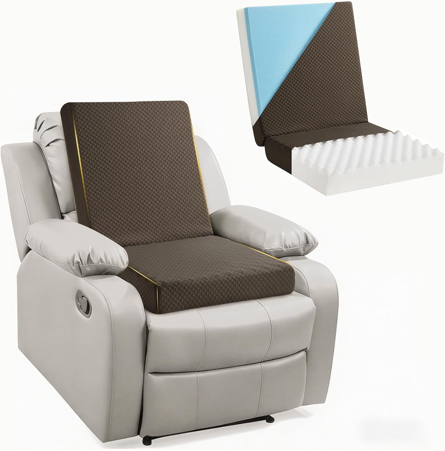 Recliner Cushions for Elderly,20x20x4 Inch Thick Egg Crate Foam Seat Cushion with Back Support Pillow for Reduce Hip & Lumbar Pain, Non-Slip Bottom and Removable Washable Cover,Dark Coffee