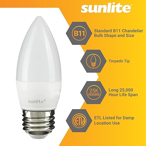 Miniatura 3 de Sunlite Bombilla LED B13 Torpedo decorativa, 7 vatios (60 W  ), 500 lúmenes, 120 voltios, regulable, base E26, certificación ETL, torpedo