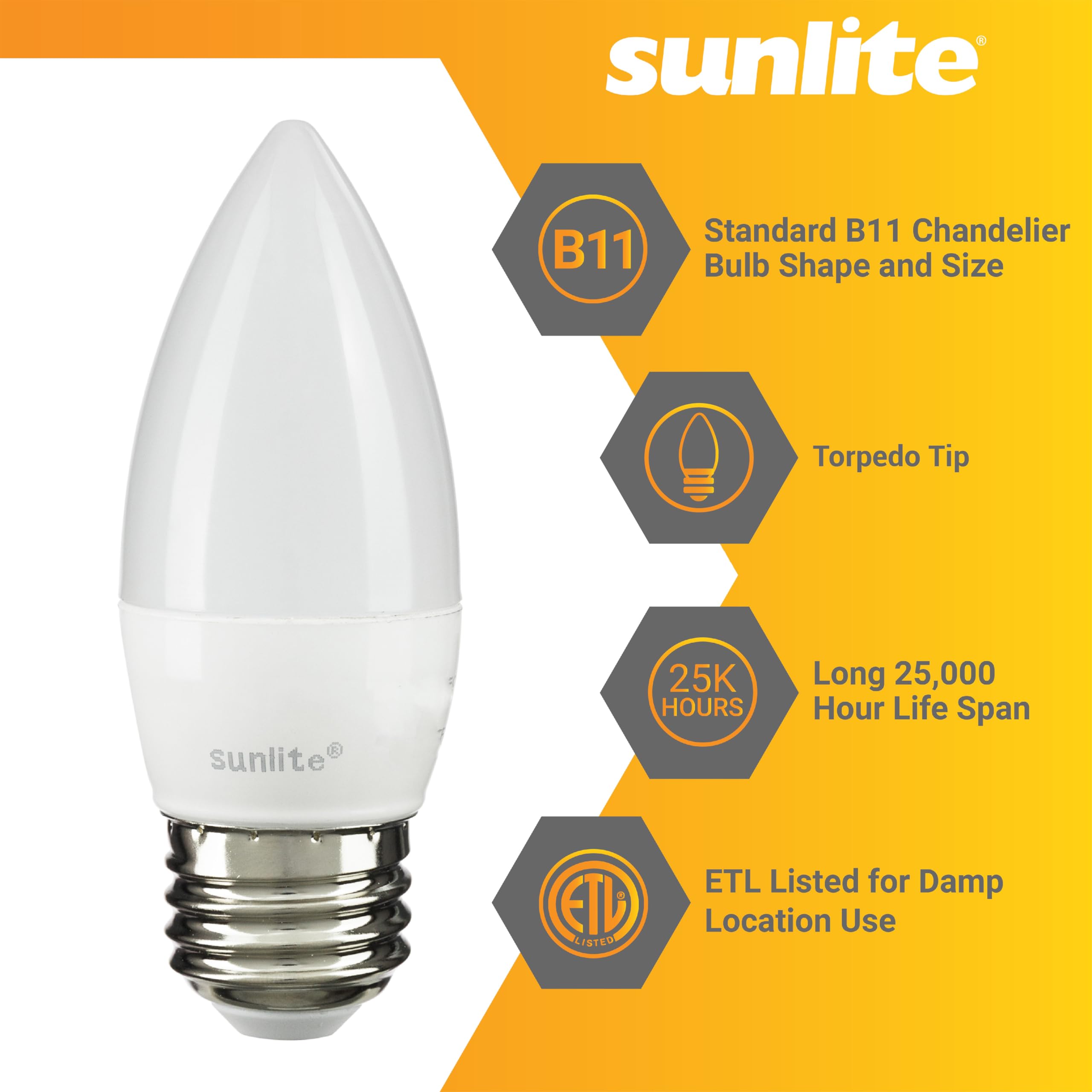 Sunlite LED B13 Torpedo Decorative Chandelier Light Bulb, 7 Watts