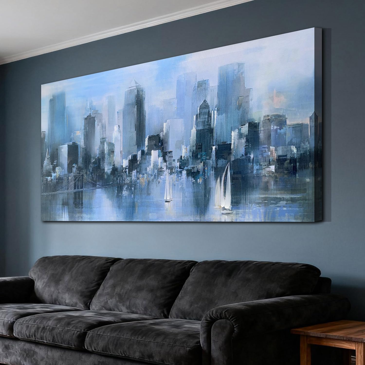 Acocifi Large Blue Canvas Wall Art Abstract Cityscape Picture Textured Painting, New York Brooklyn Bridge Sailboat Picture Artwork Frame for Living Room Bedroom Bathroom Office Home Decor 40"x20"