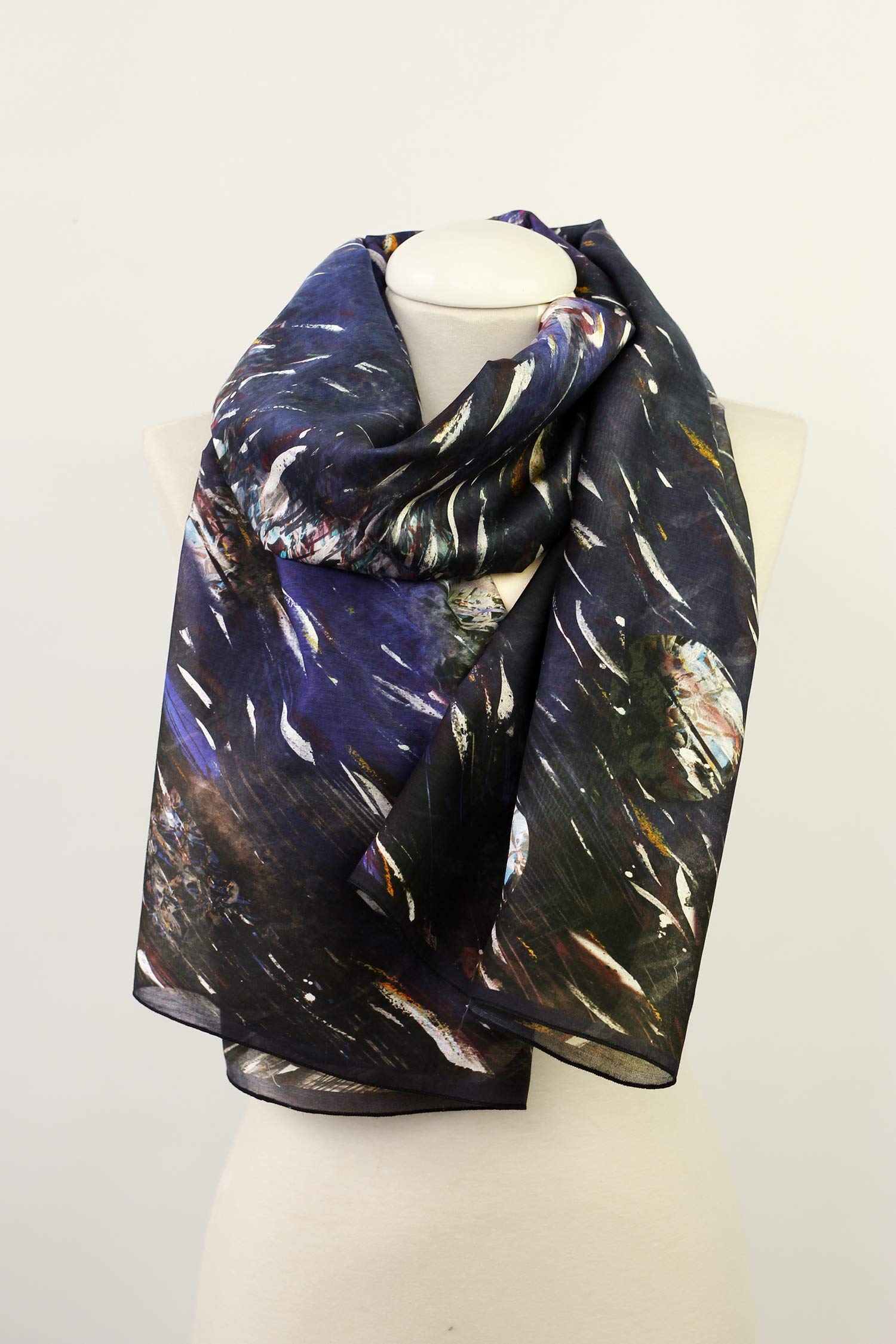 Fular de seda algodón fino con estampado de galaxia, Bufanda extra grande en azul cobalto