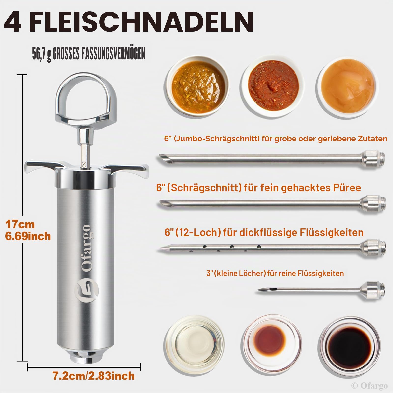 Ofargo 304 Edelstahl Fleischspritze Kit mit 4 Marinadennadeln für BBQ Grill Smoker, 56,7 g große Kapazität, sowohl Papier Bedienungsanleitung als auch E-Book Rezept