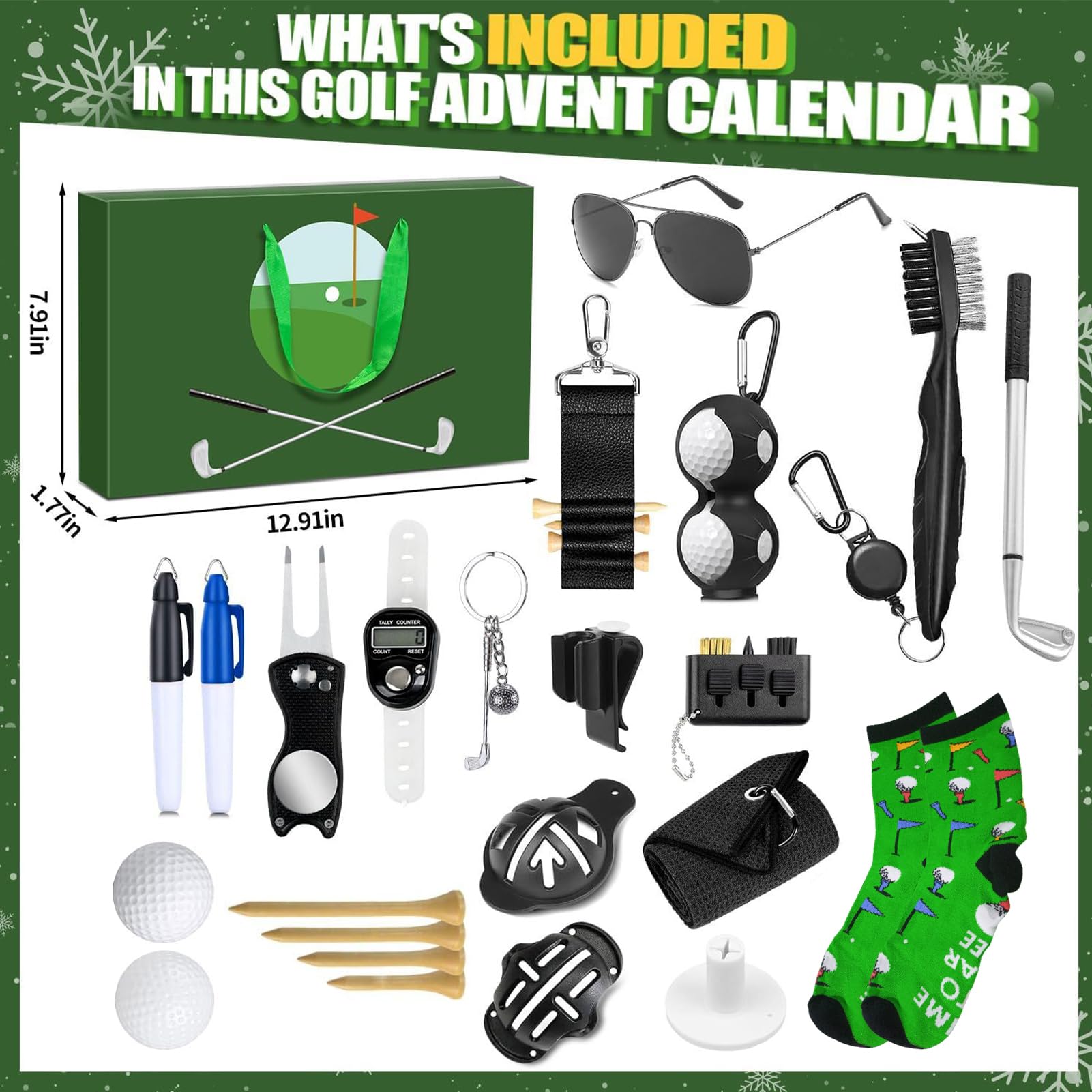 Calendario del conto alla rovescia per Natale, set di accessori da golf per 24 giorni, attività di conto alla rovescia per Natale, per giocatori principianti, papà, papà, sposi, sposi, feste