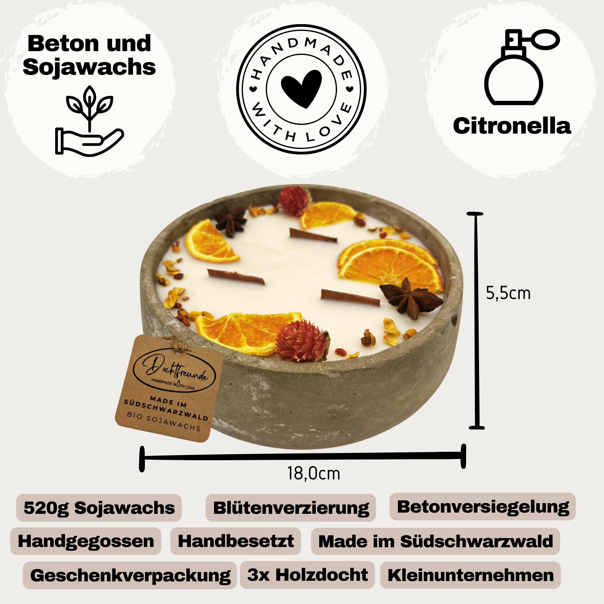 Große handgemachte Citronella Betonkerze Sojawachs ⌀18cm
