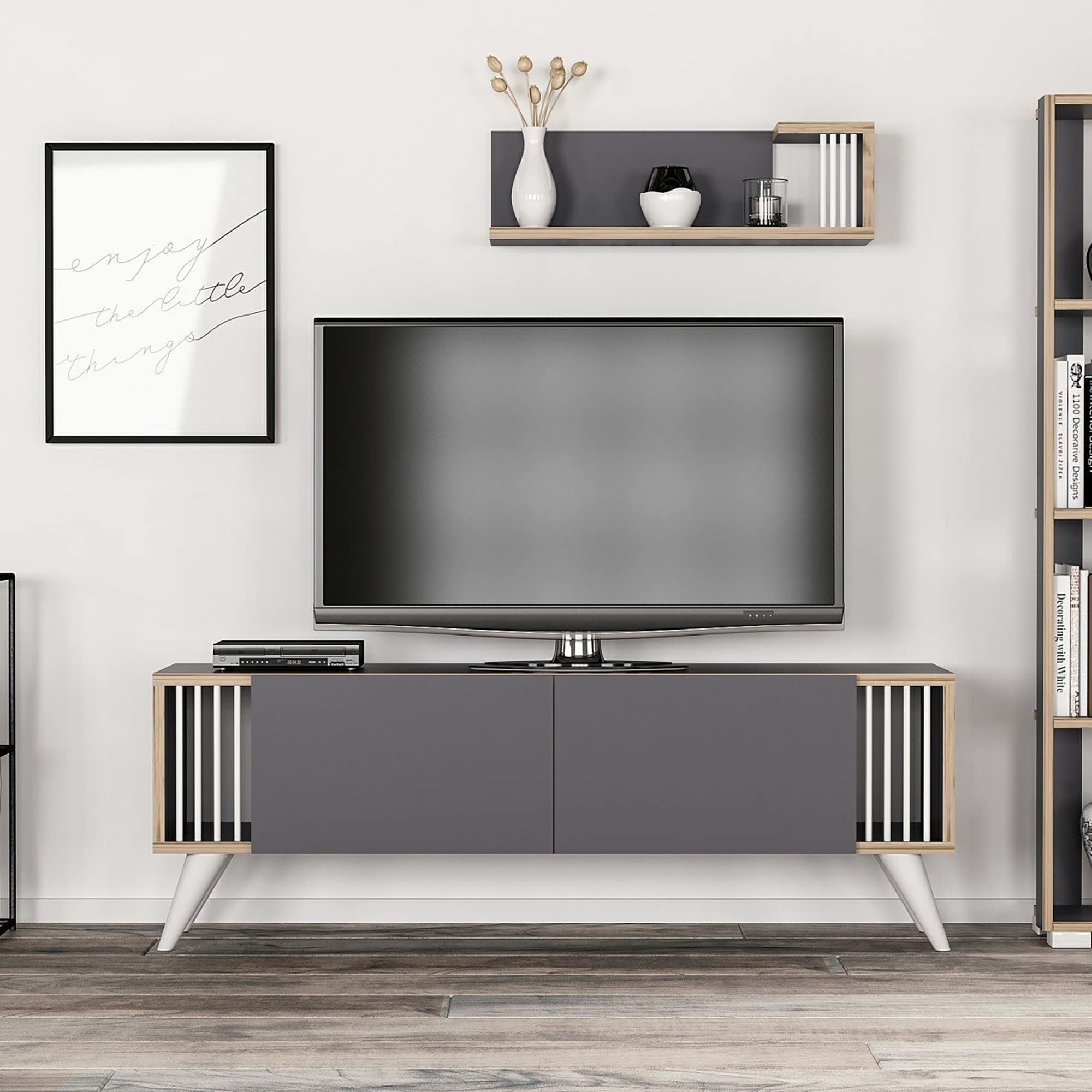 [en.casa] Set di Mobili da Soggiorno Composto di Mensola da Muro e Mobile Porta TV con 2 Ante a Ribalta - Antracite